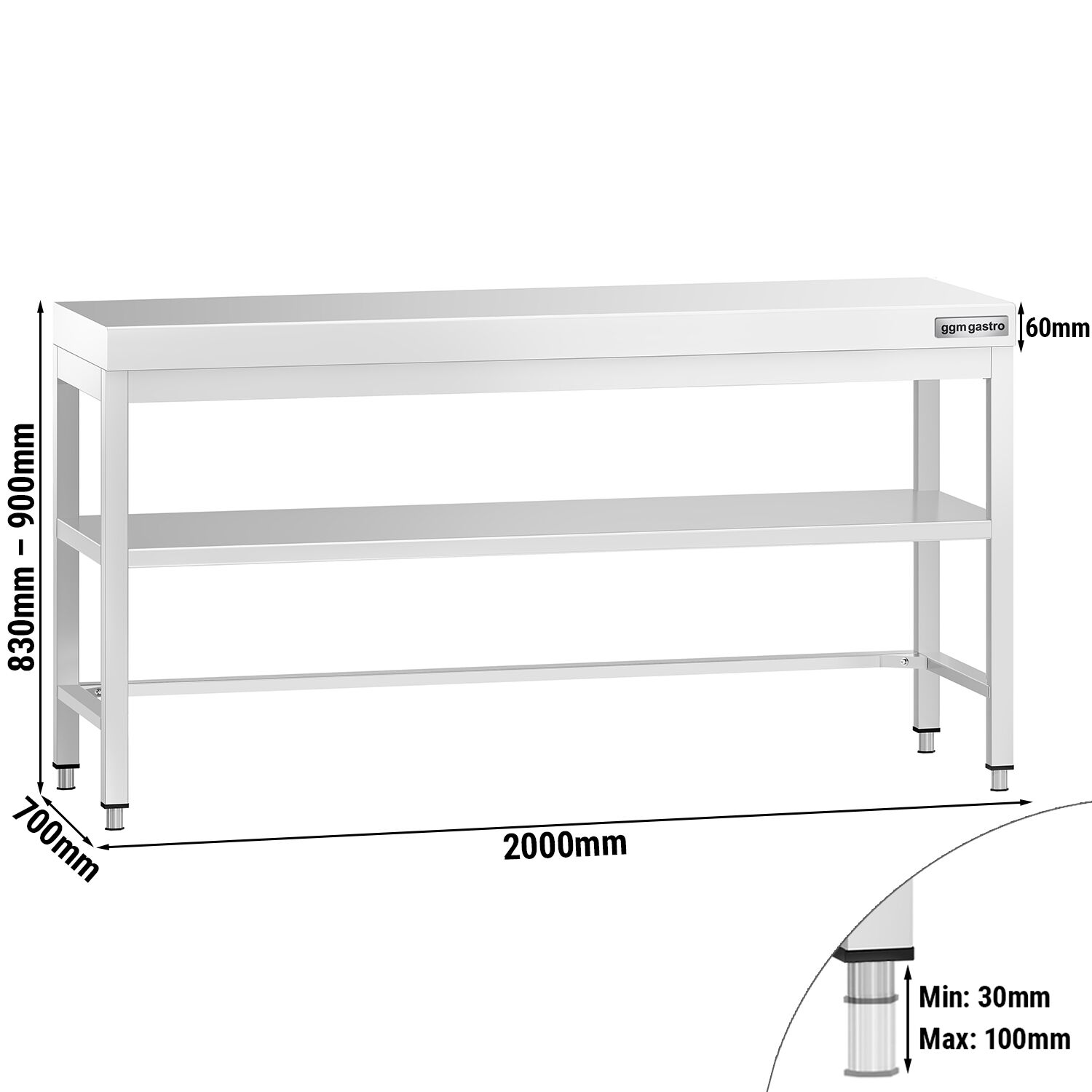 Table de travail inox PREMIUM - 2000 x 700 mm - avec tablette inférieure & Renforts