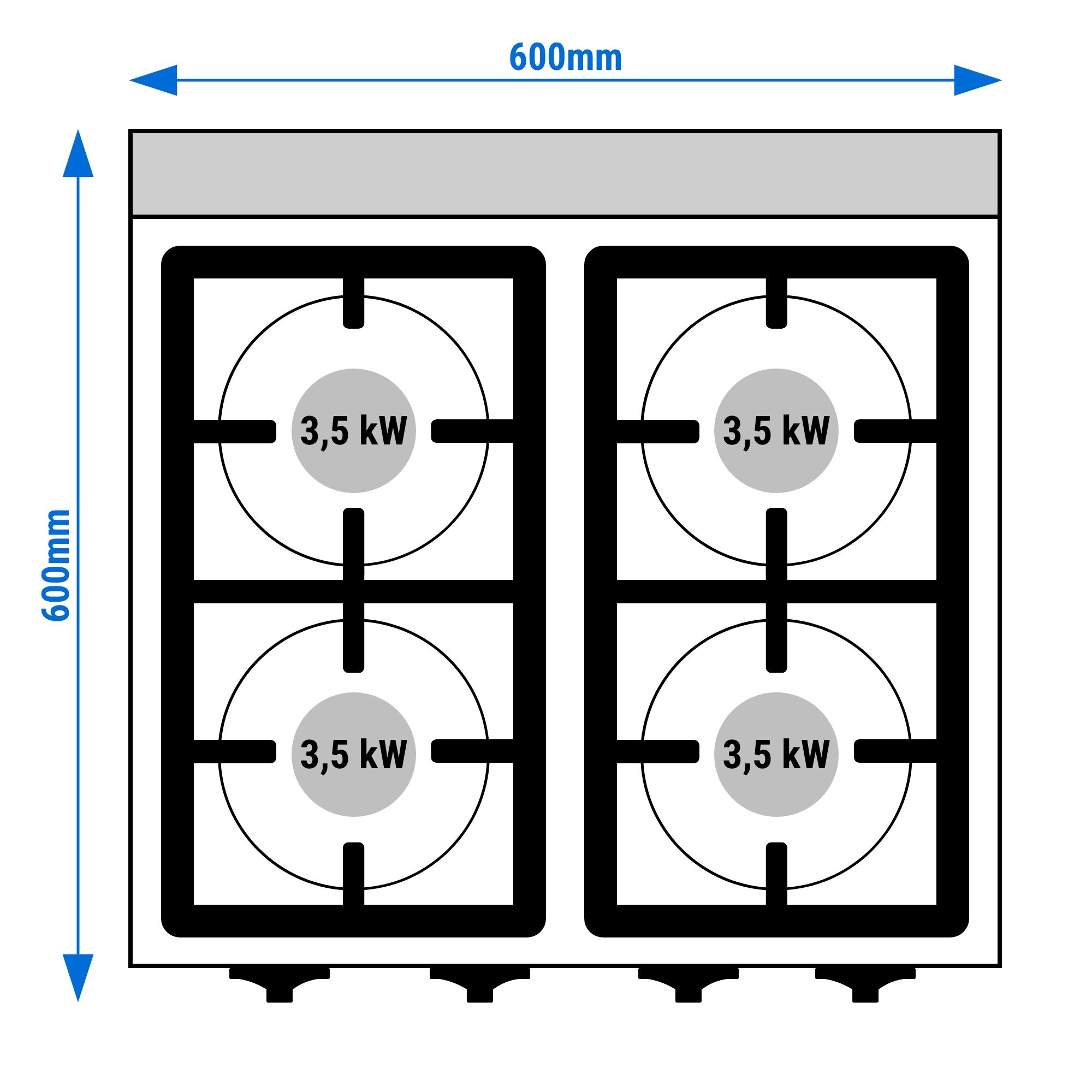 Fourneau à gaz – 14 kW – 4 brûleurs – avec soubassement avec 2 portes