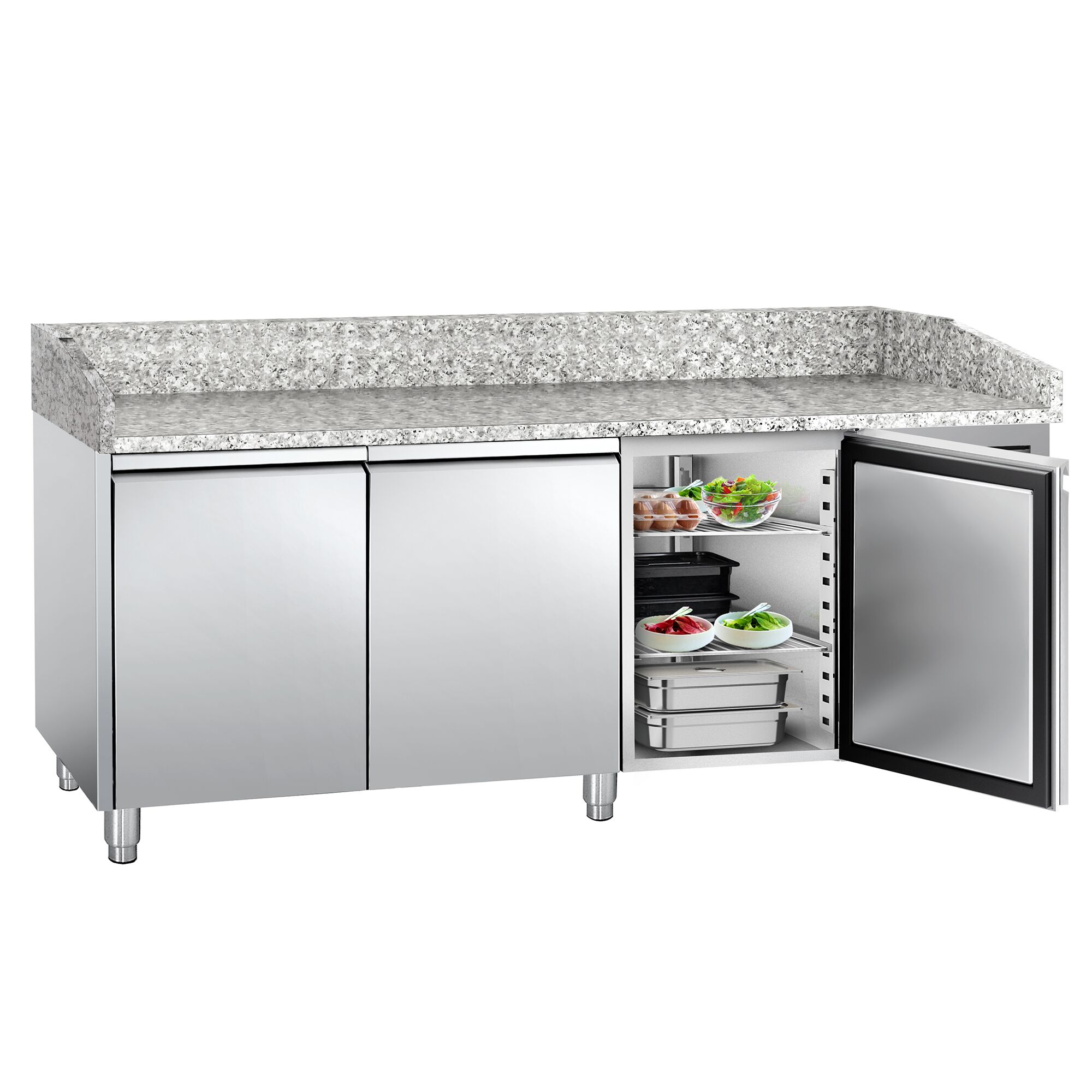 Masă frigorifică pentru preparare pizza ECO - cu blat din granit - 2025x800 mm - cu 3 uși