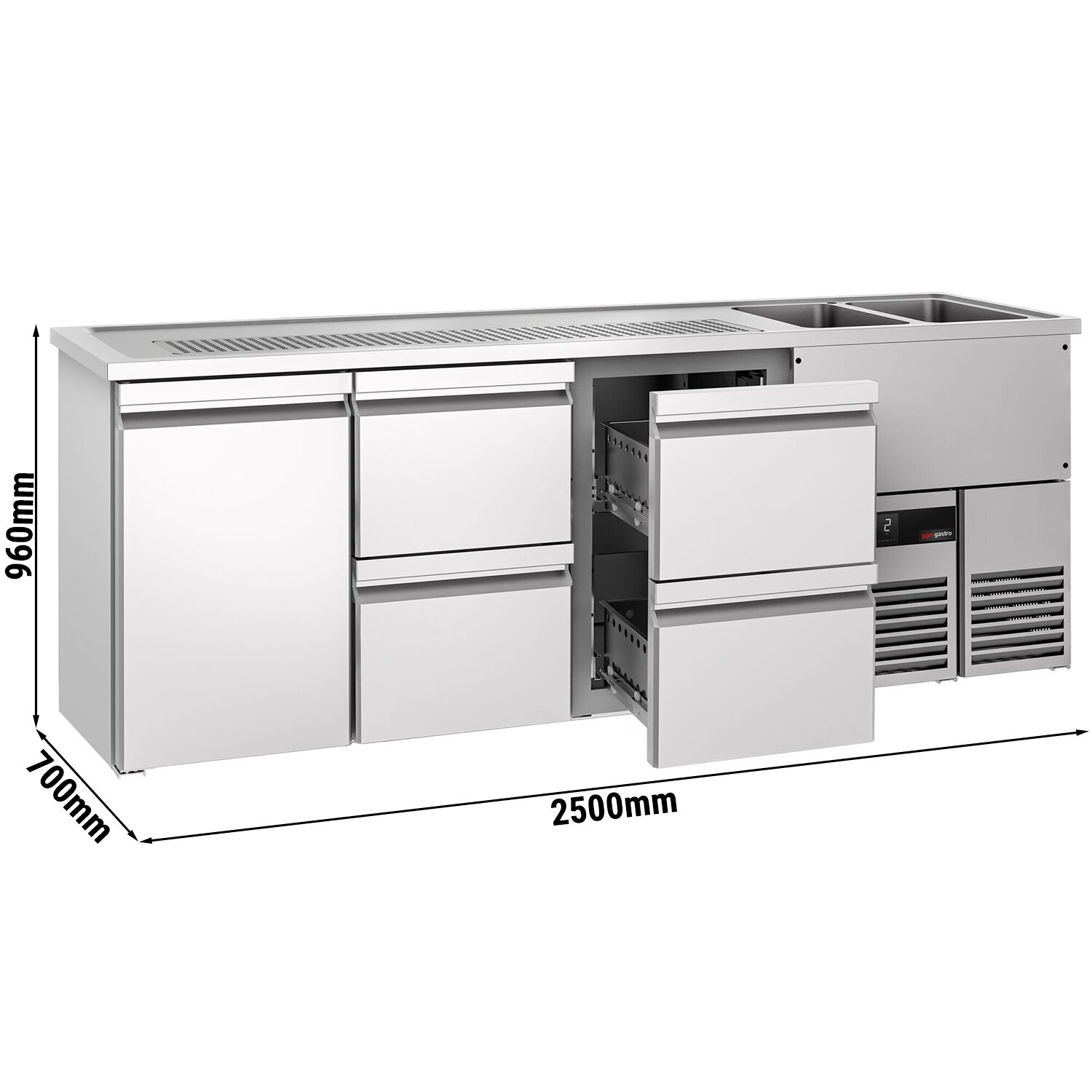 Comptoir de bar réfrigéré PREMIUM - 2500x700mm - 1 porte et 4 tiroirs