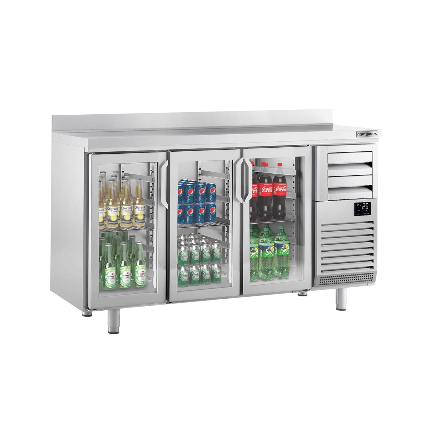 Arrière-bar réfrigéré professionnel Premium PLUS - 1960 x 600 mm - avec 3 portes en verre, 2 tiroirs et dosseret