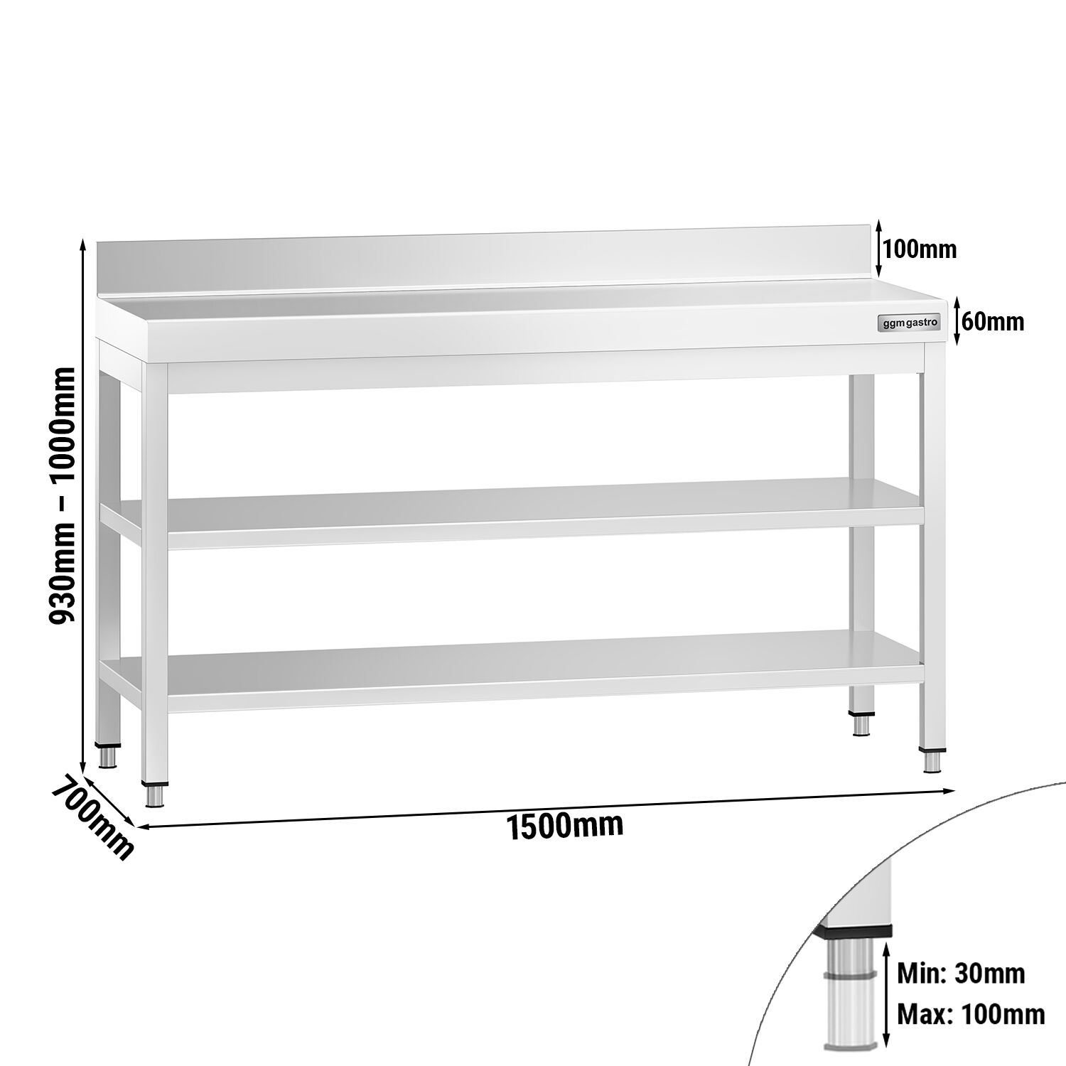 Table de travail inox PREMIUM - 1500 x 700 mm - avec tablette inférieure, Dosseret & Tablette intermédiaire