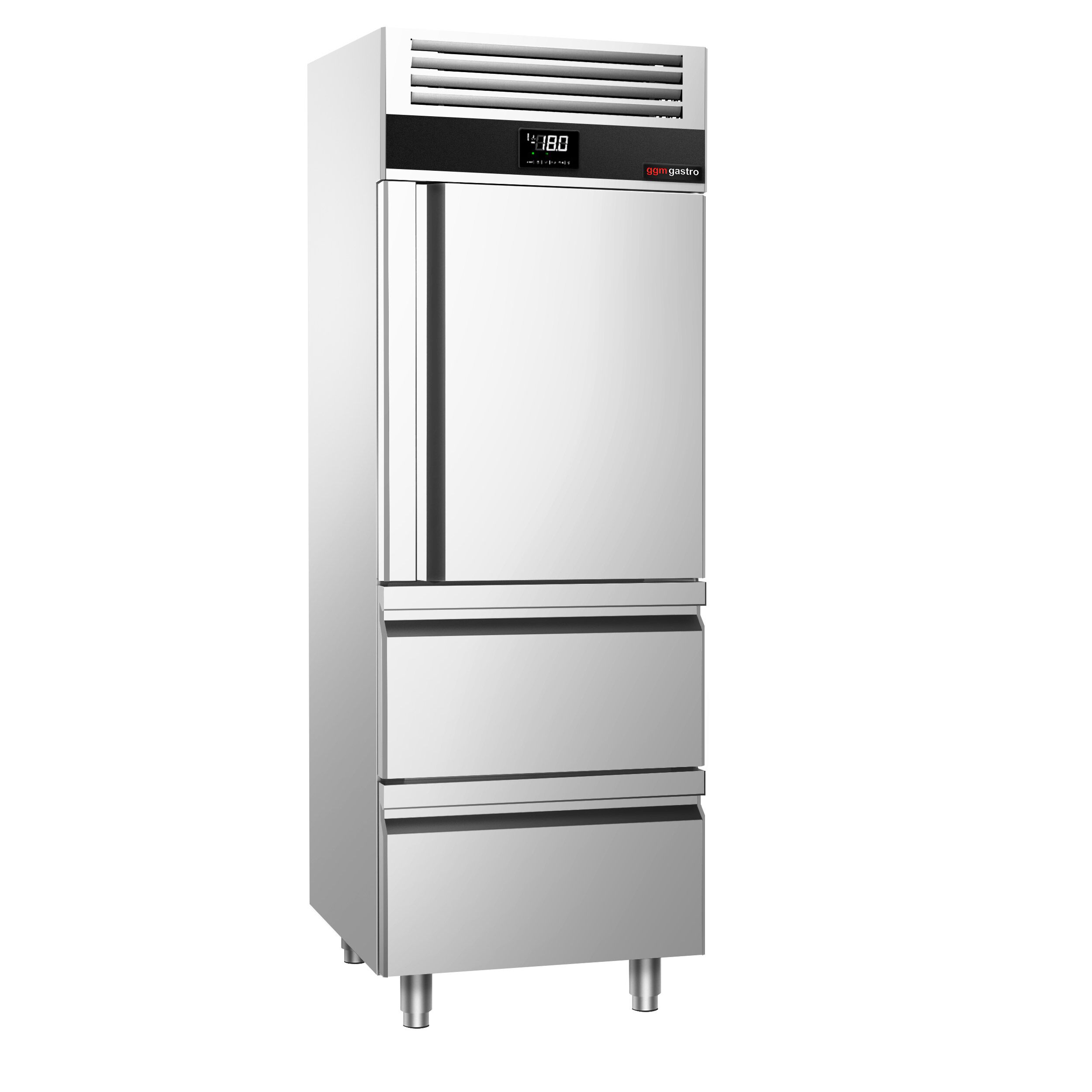 Armoire réfrigérée vitrée négative en acier inoxydable PREMIUM - GN 2/1 - 700 L - avec 1 porte vitrée & 2 tiroirs & 2 grilles GN 2/1 & Glissières