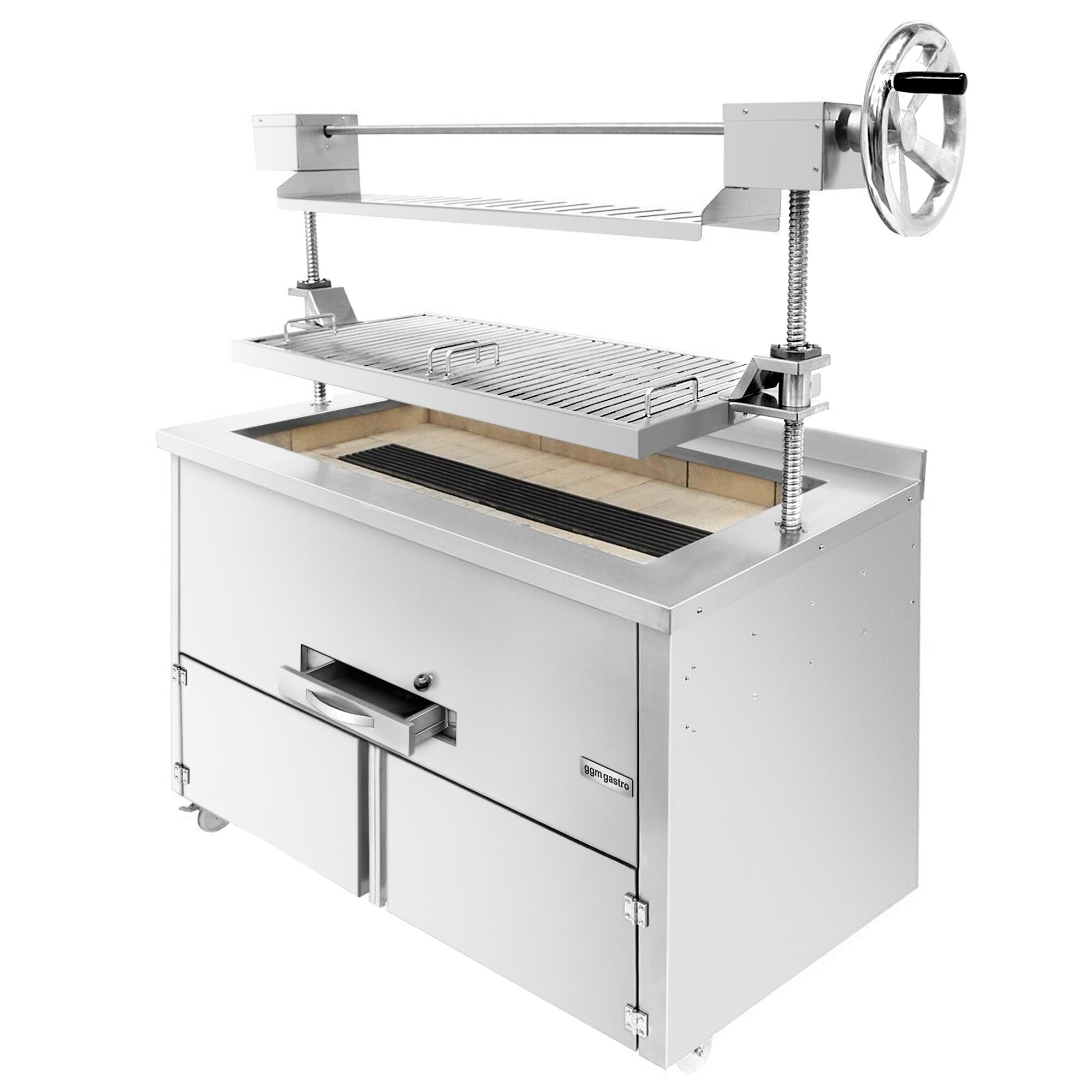 Barbecue au charbon de bois – 1340 mm – avec système de levage & 1 tiroir – grille : 1070 x 470 mm