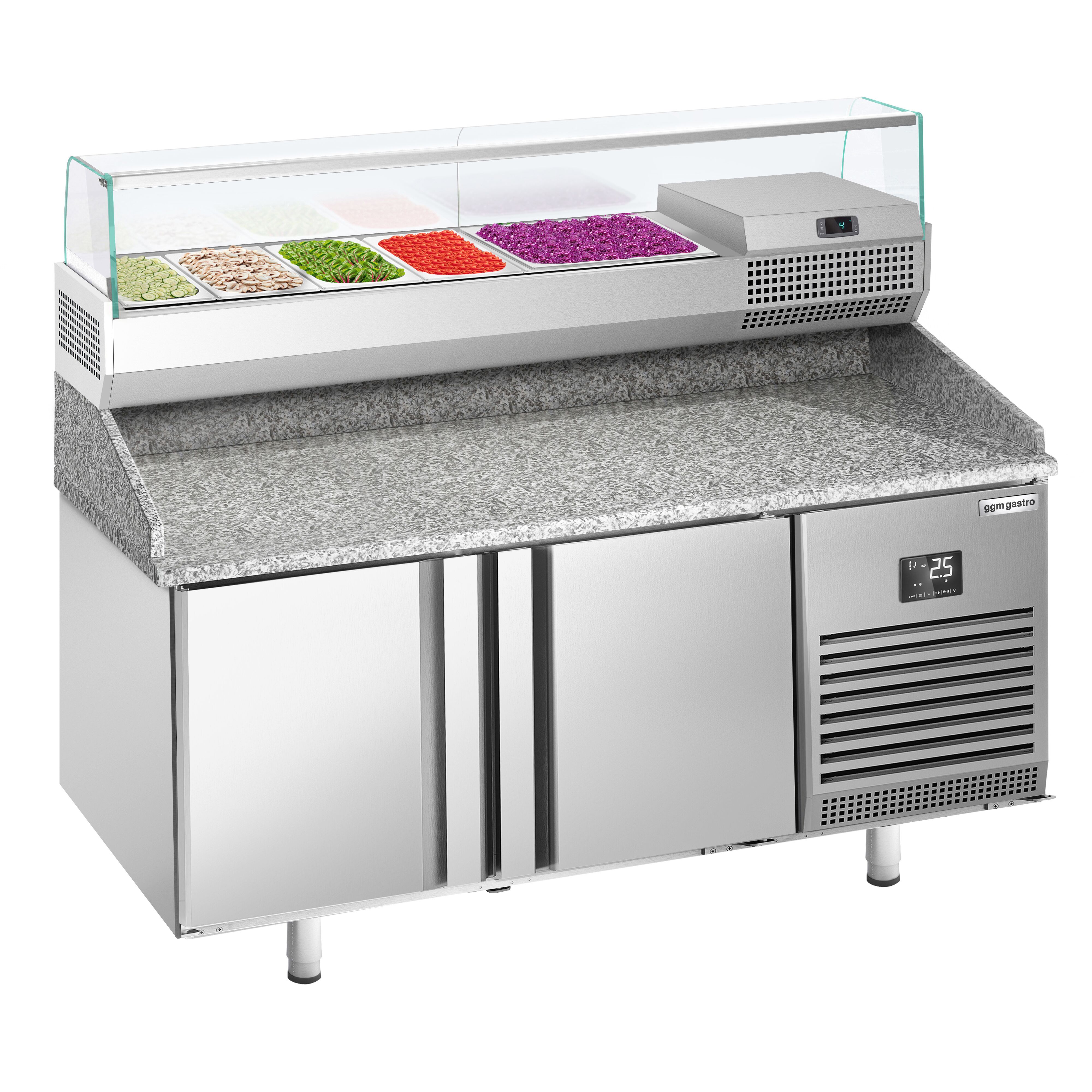 Table réfrigérée à pizza Premium PLUS - 1490 x 700 mm - avec 2 portes - incl. vitrine réfrigérée de présentation - 6x GN 1/4