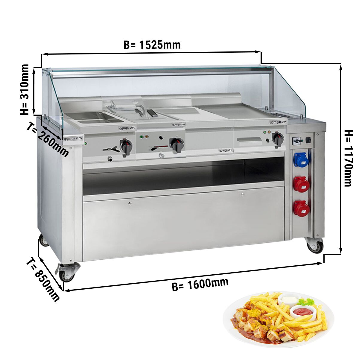 Station de cuisson mobile – 1600 × 850 mm – hauteur : 1170 mm – incl. friteuse, plaque à snacker, bain-marie & élément neutre