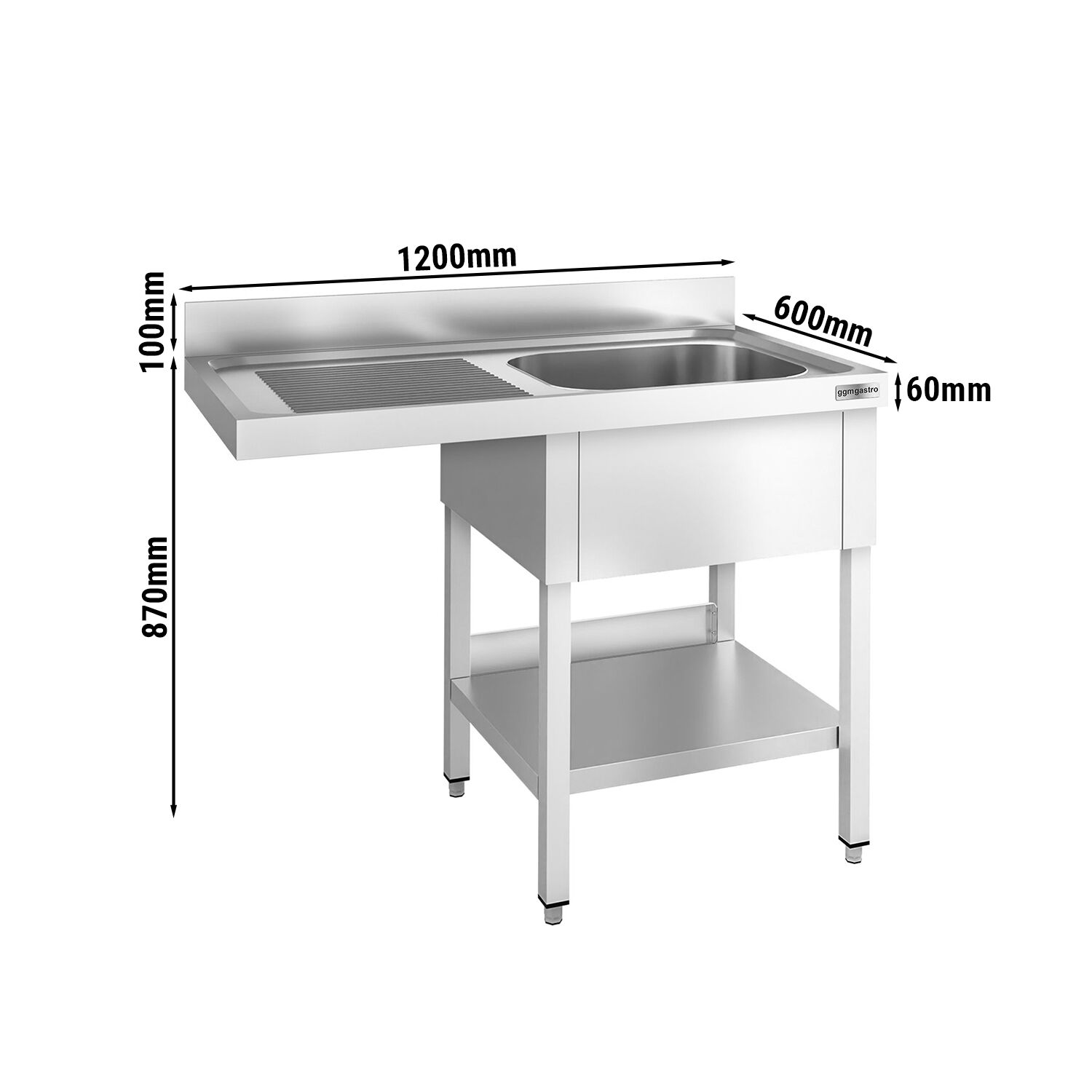 Plonge PREMIUM en acier inoxydable - 1200x600mm - 1 bac - égouttoir à gauche - avec espace lave-vaisselle - adossée/avec dosseret
