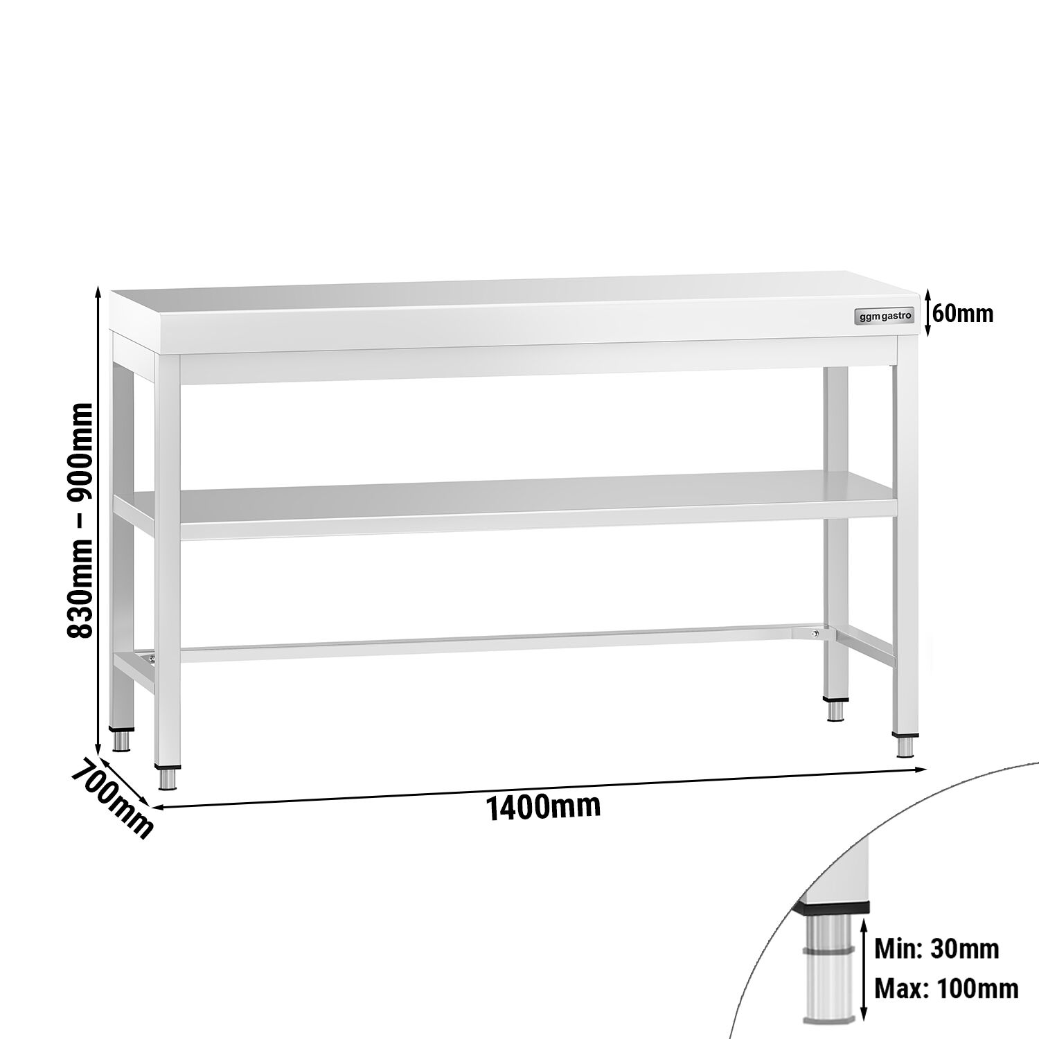 Table de travail inox PREMIUM - 1400 x 700 mm - avec tablette inférieure & Renforts