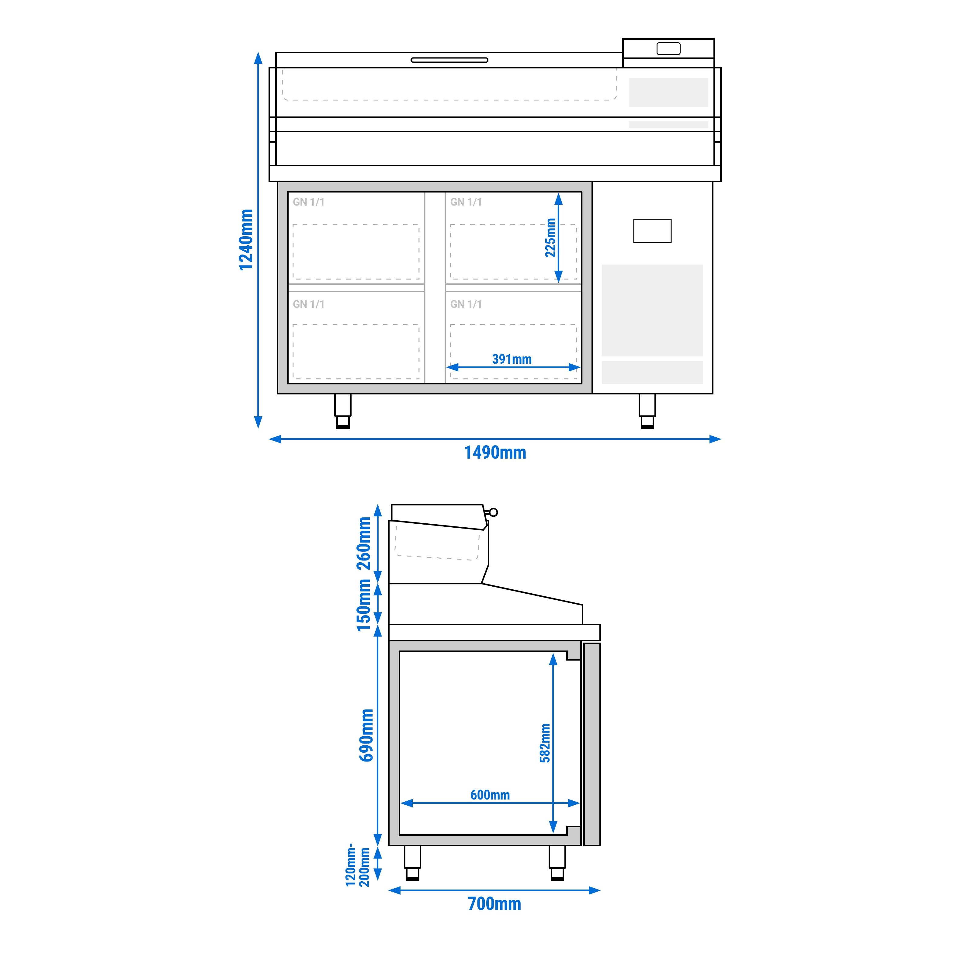 Table réfrigérée à pizza Premium PLUS - 1490x700 mm - avec 4 tiroirs - incl. vitrine réfrigérée - 6x GN 1/4