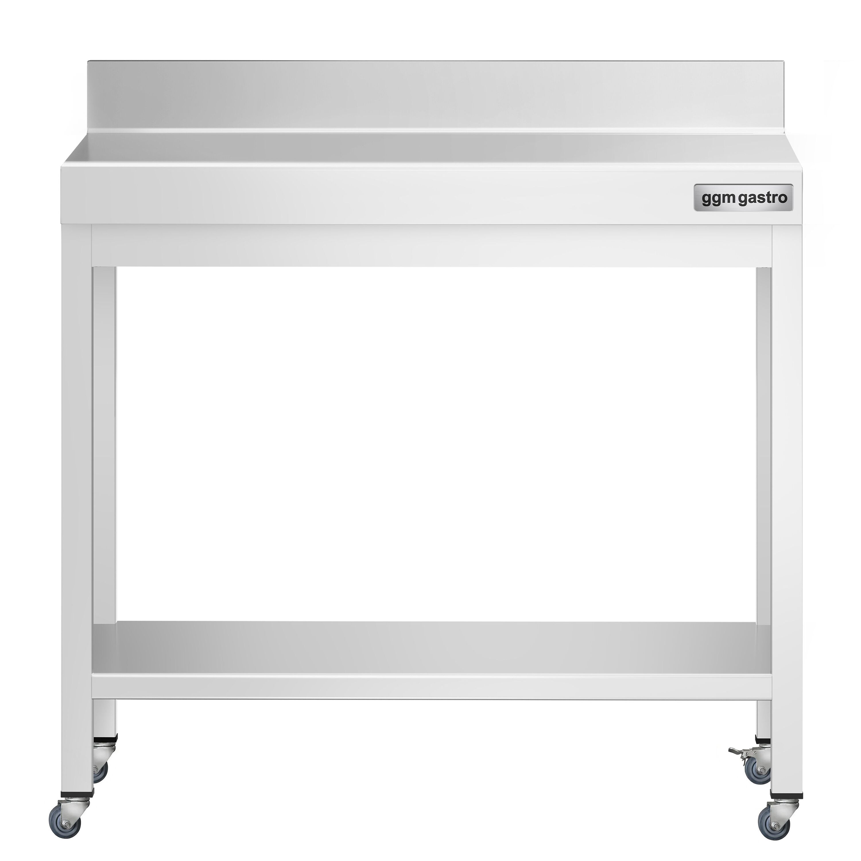 Table de travail en inox PREMIUM - 700 x 600 mm - avec tablette inférieure, dosseret et roulettes