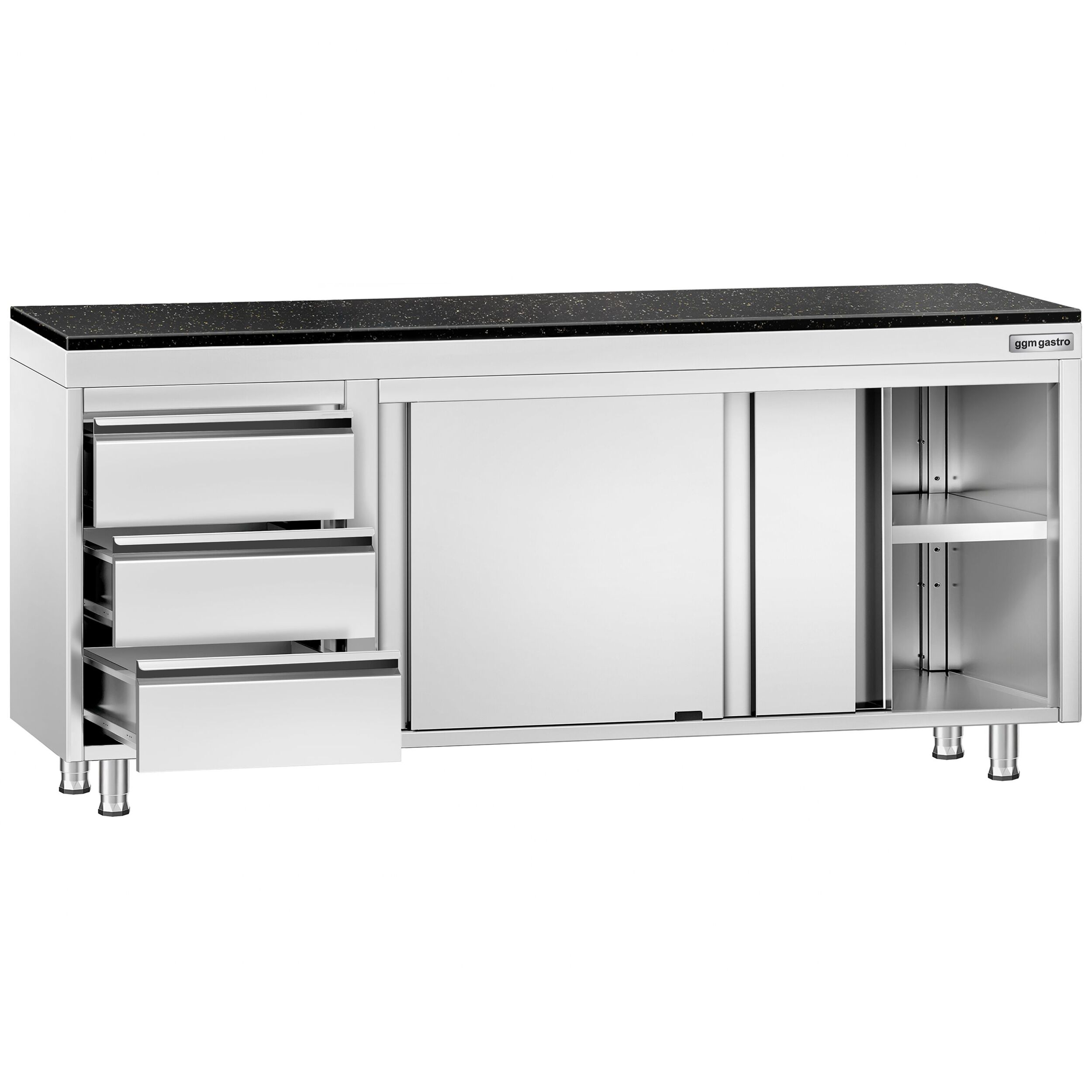 Roestvrijstalen werkkast PREMIUM - 2000 x 600 mm - met 3 lades links - incl. granieten werkblad