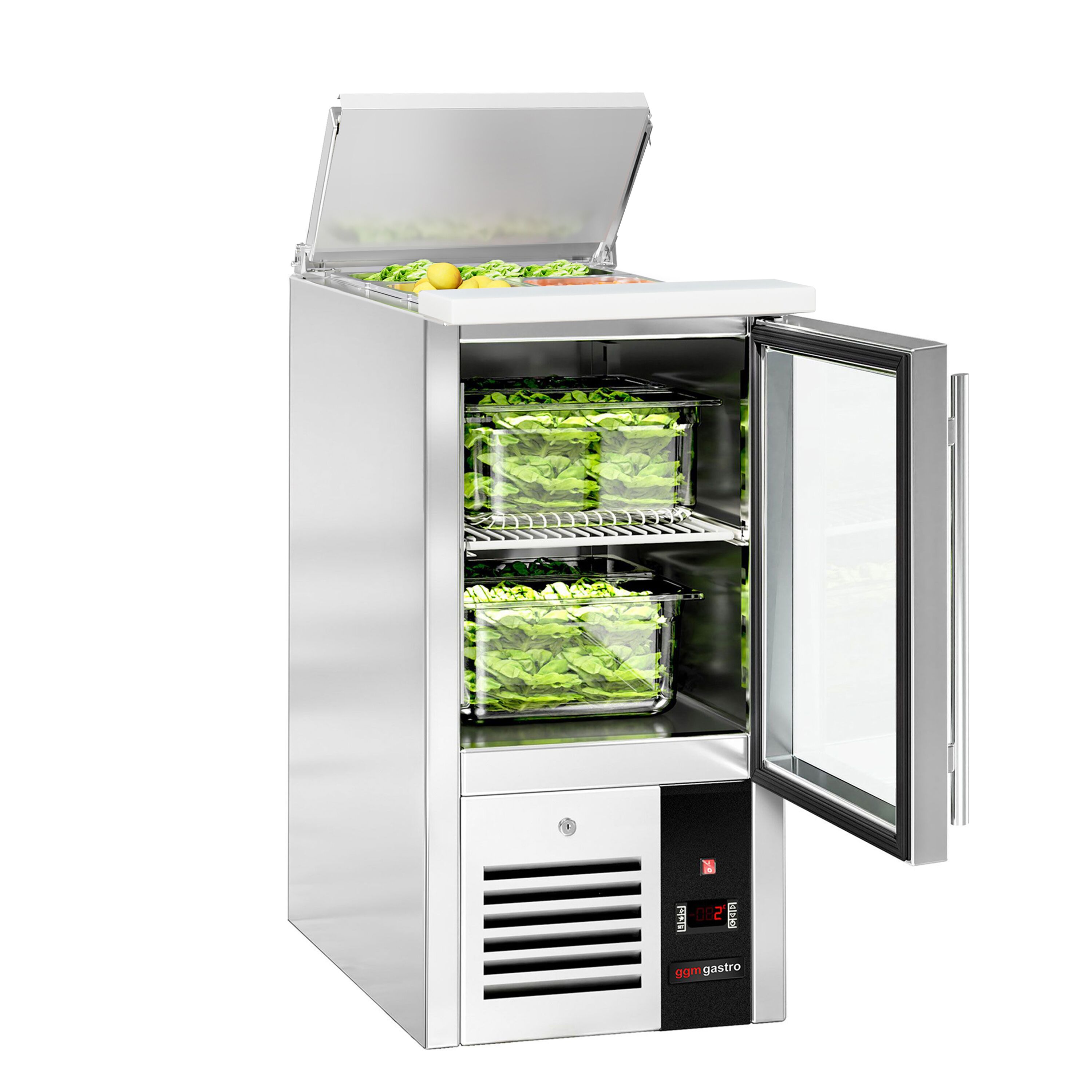 Saladette réfrigérée PREMIUM - 450mm - 102L - 1 porte vitrée - avec découpe pour 1x GN 1/1 & Couvercle inox