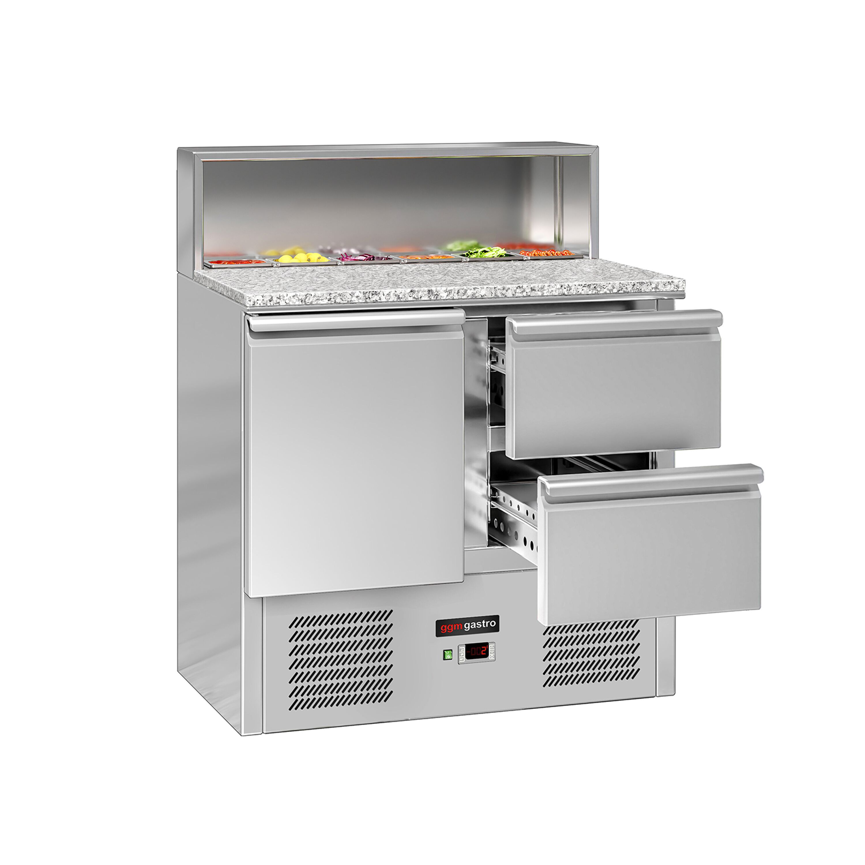 Saladette réfrigérée ECO - 903mm - 240L - 1 porte & 2 tiroirs - avec découpe pour 5x GN 1/6 & Couvercle inox - plan de travail en granit noir