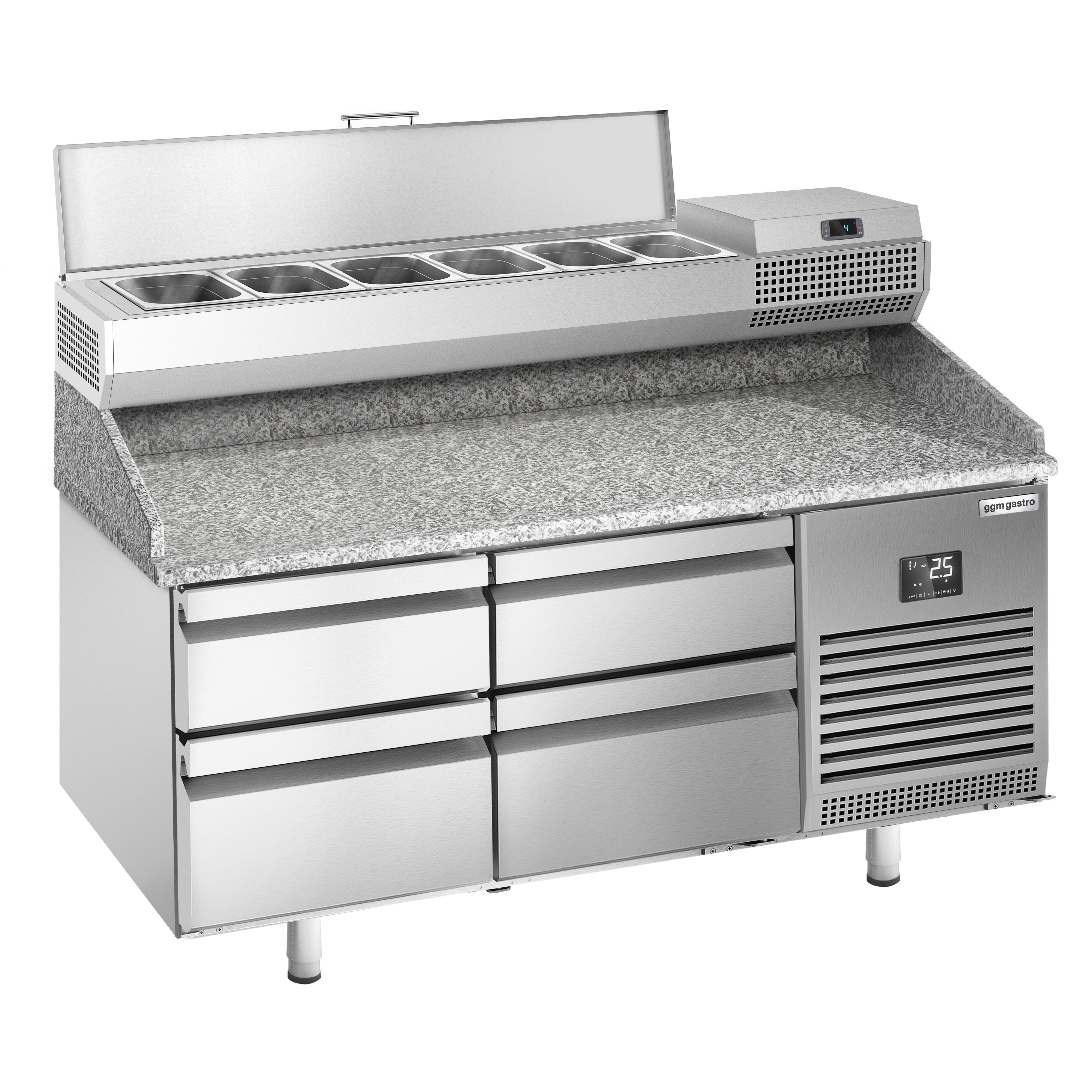Table réfrigérée à pizza Premium PLUS - 1490x700 mm - avec 4 tiroirs - incl. vitrine réfrigérée - 6x GN 1/4