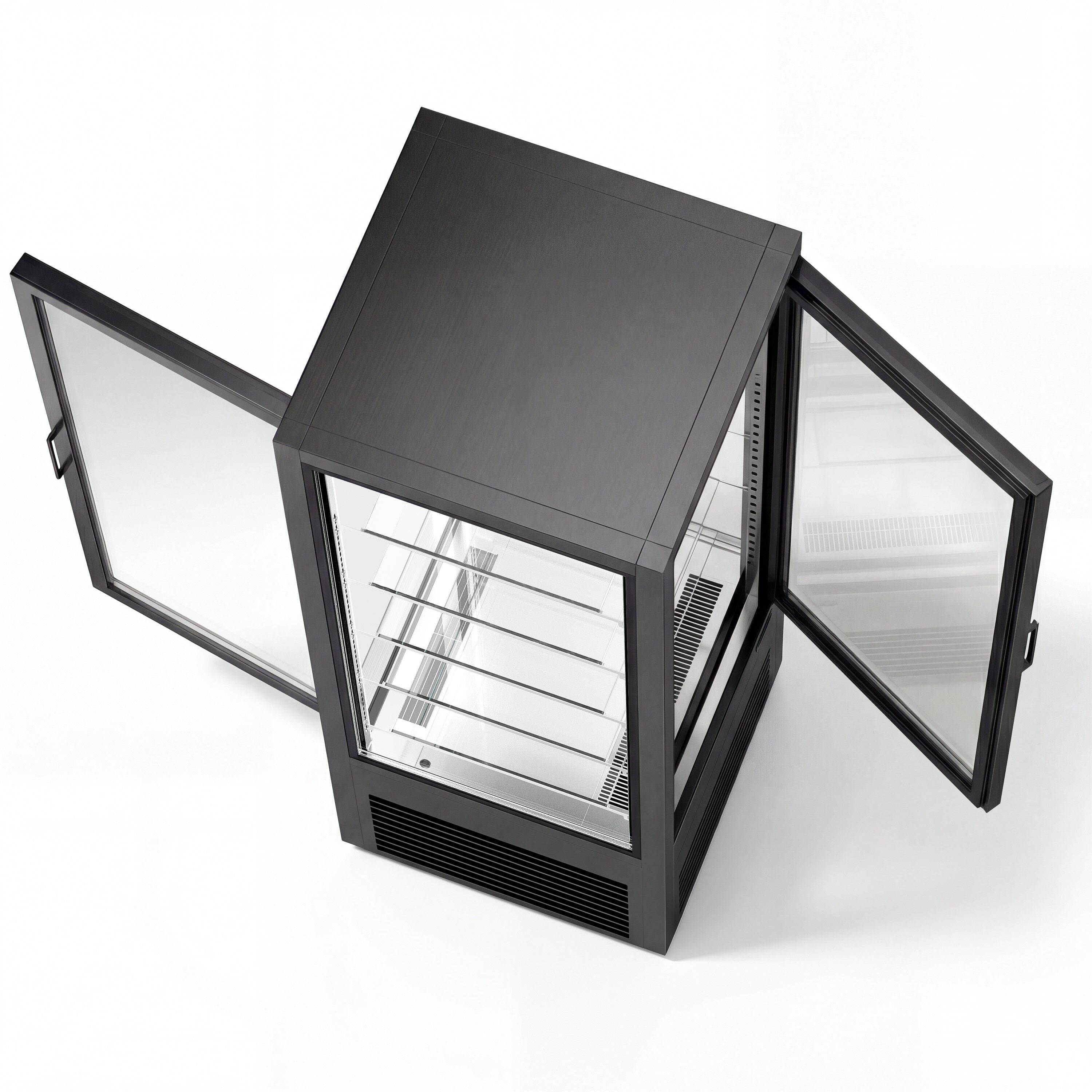 Vitrine réfrigérée 4 faces vitrées / Vitrine panoramique – 440 litres – 2 portes en verre – 5 étagères – Noir