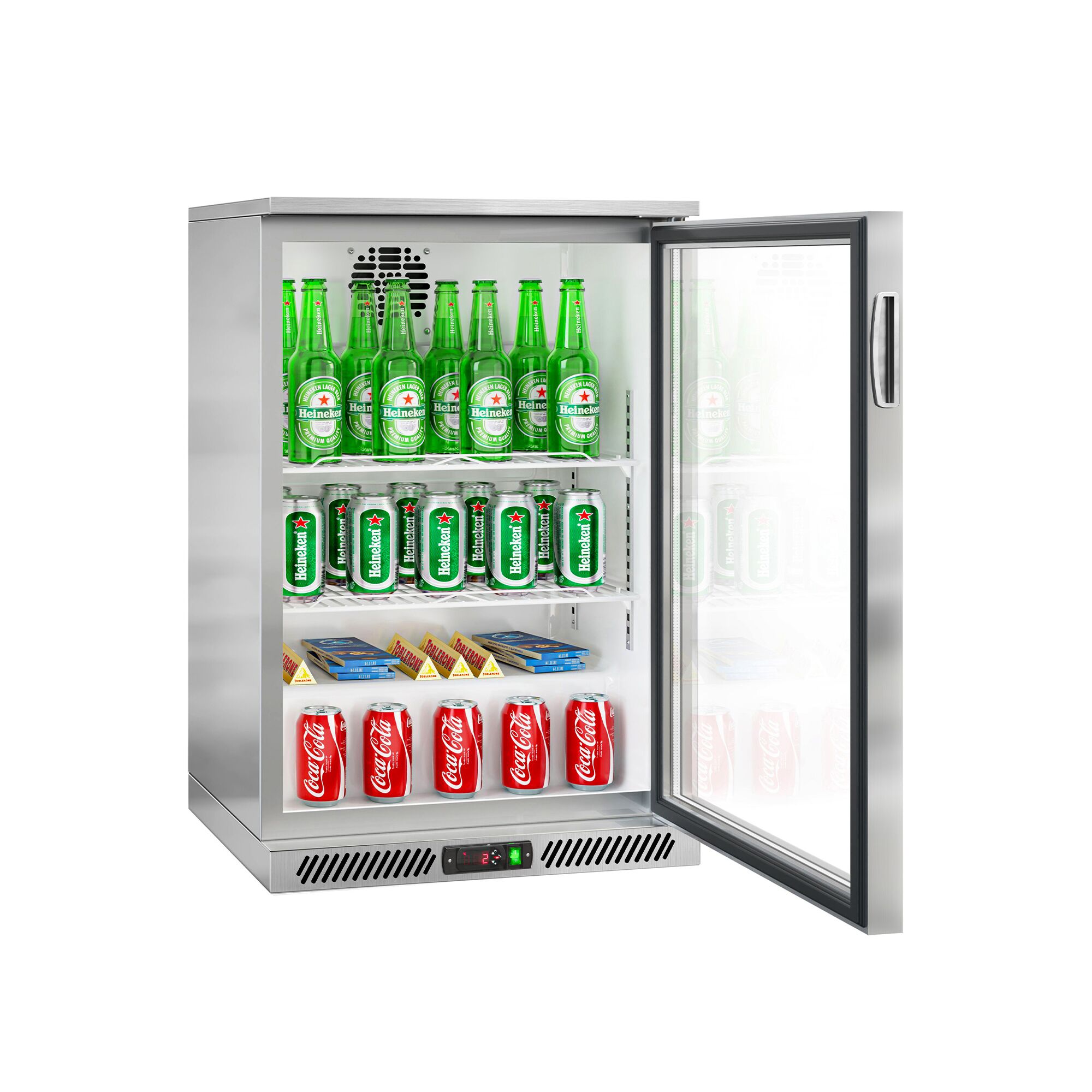 Réfrigérateur de bar – 600 mm – 130 litres – avec 1 porte vitrée battante – en inox