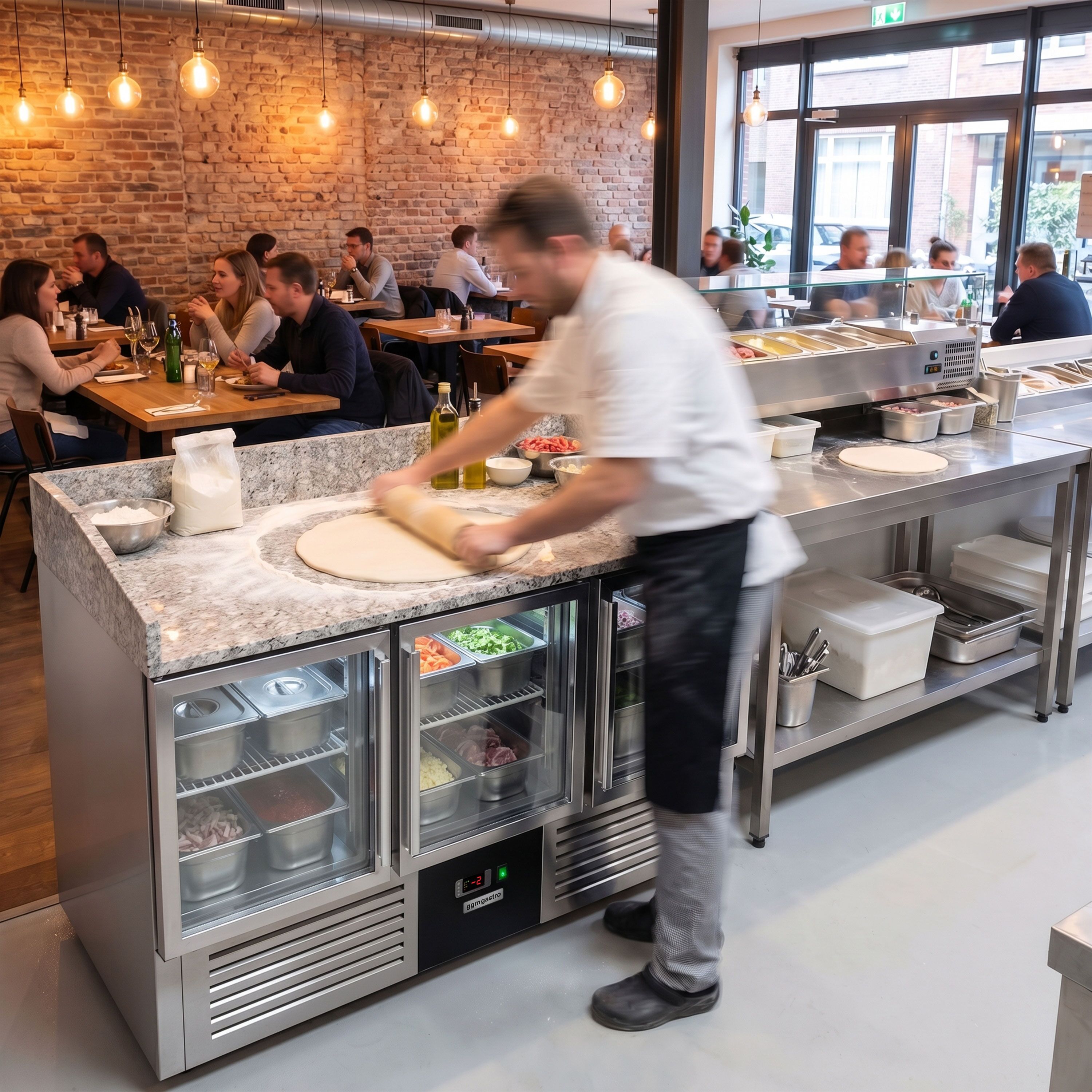Banco pizza refrigerato PREMIUM - 1400x700mm - con 3 porte in vetro - piano in granito