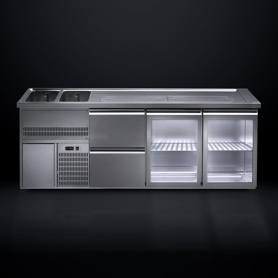 Comptoir de bar réfrigéré Premium PLUS - 2500x700mm - 2 portes vitrées & 2 tiroirs