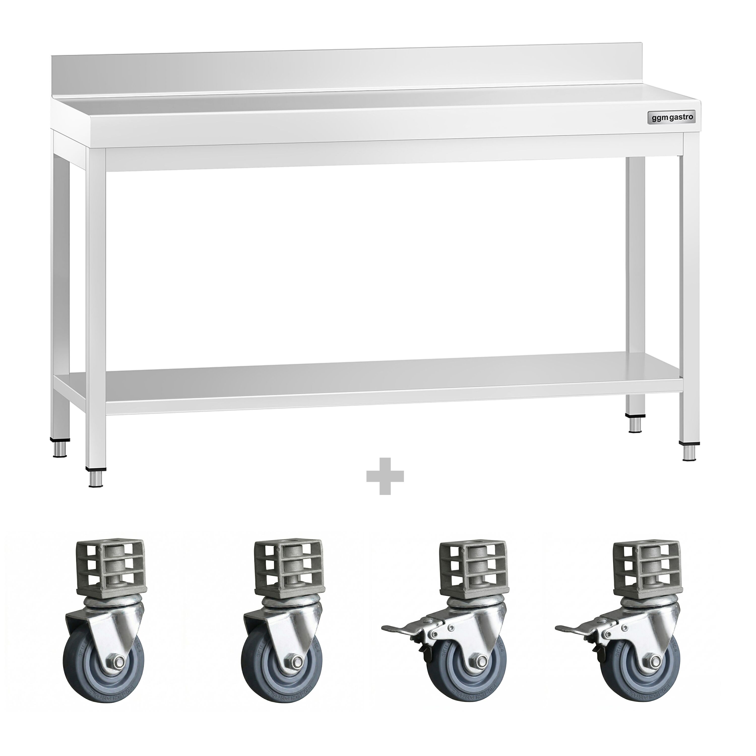 Table de travail en inox PREMIUM - 1500 x 800 mm - avec tablette inférieure, dosseret et roulettes