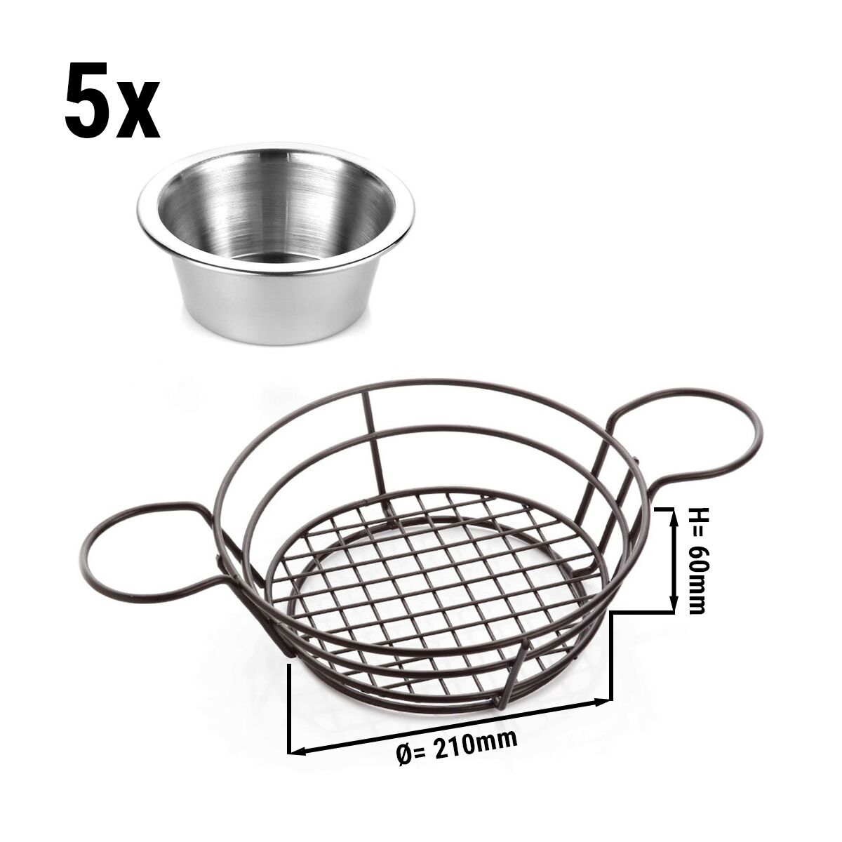 (15 pcs) Serving Basket - SNACKHOLDER - Stainless Steel - Round - Ø210mm - with Dip Cups