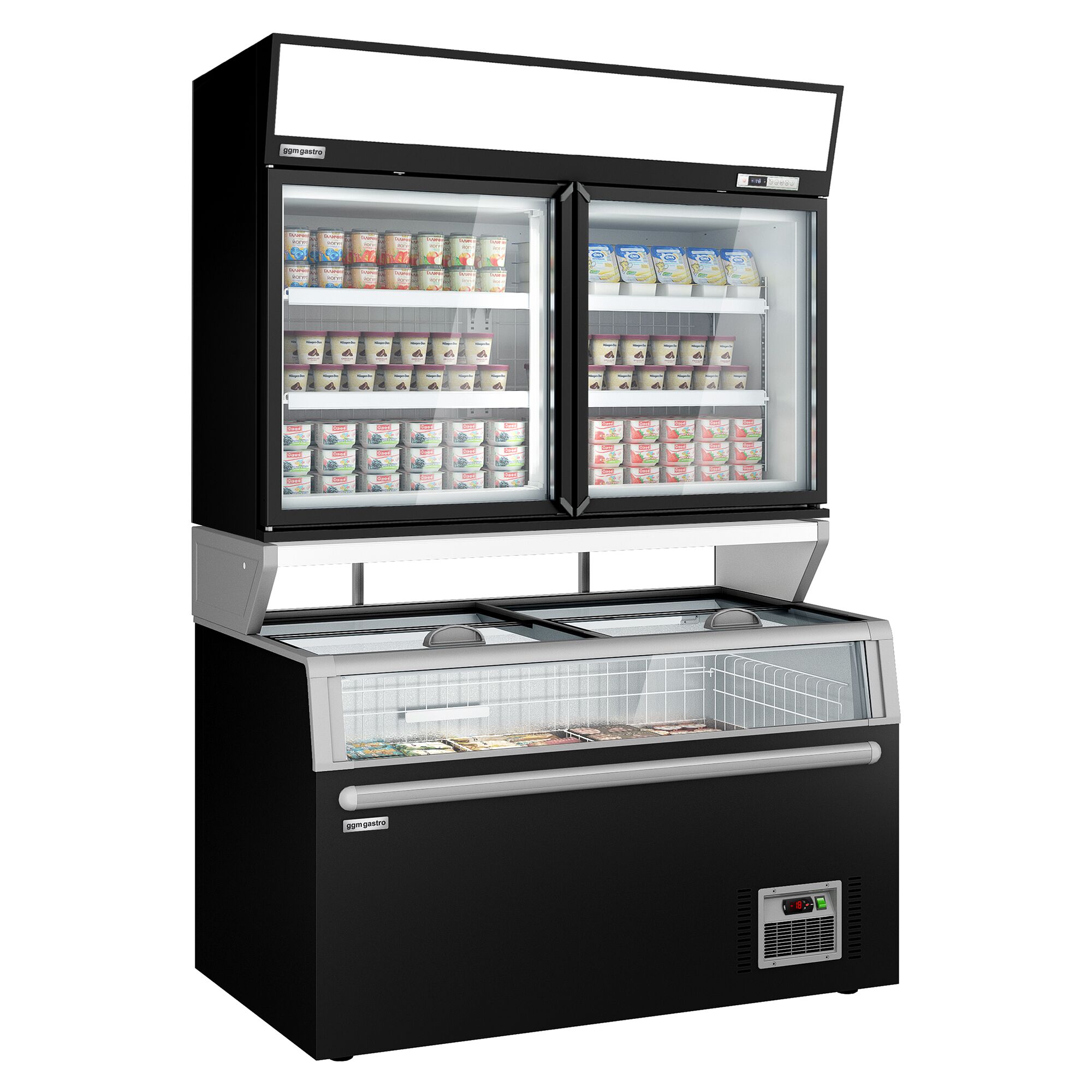 Vitrine murale de congélation pour supermarché - 2 portes - avec îlot de congélation inclus - Noir