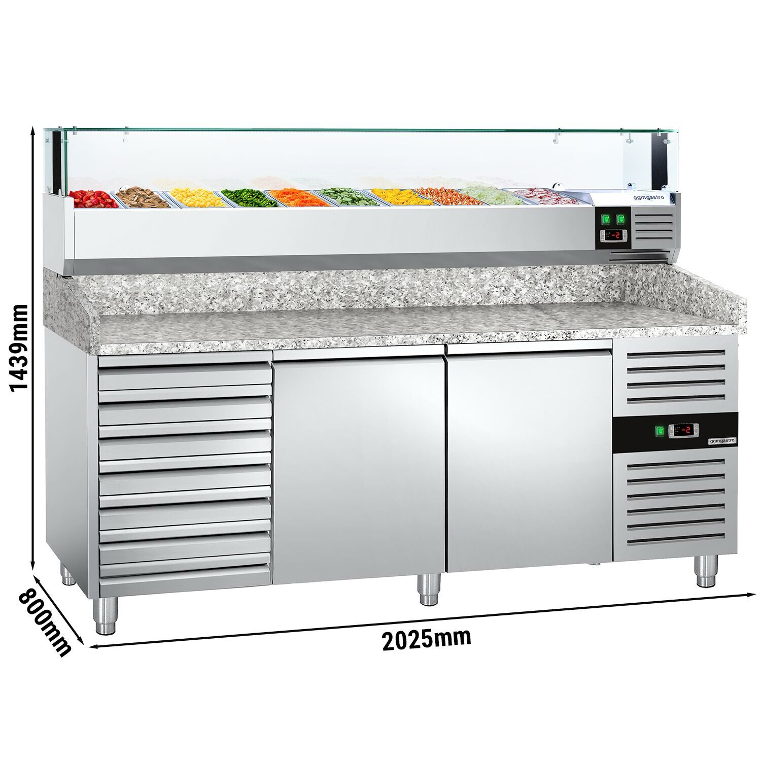 Table réfrigérée pour pizza PREMIUM - 2000 x 800 mm - avec 2 portes & 7 tiroirs - incl. vitrine réfrigérée avec LED - 10 x GN 1/4