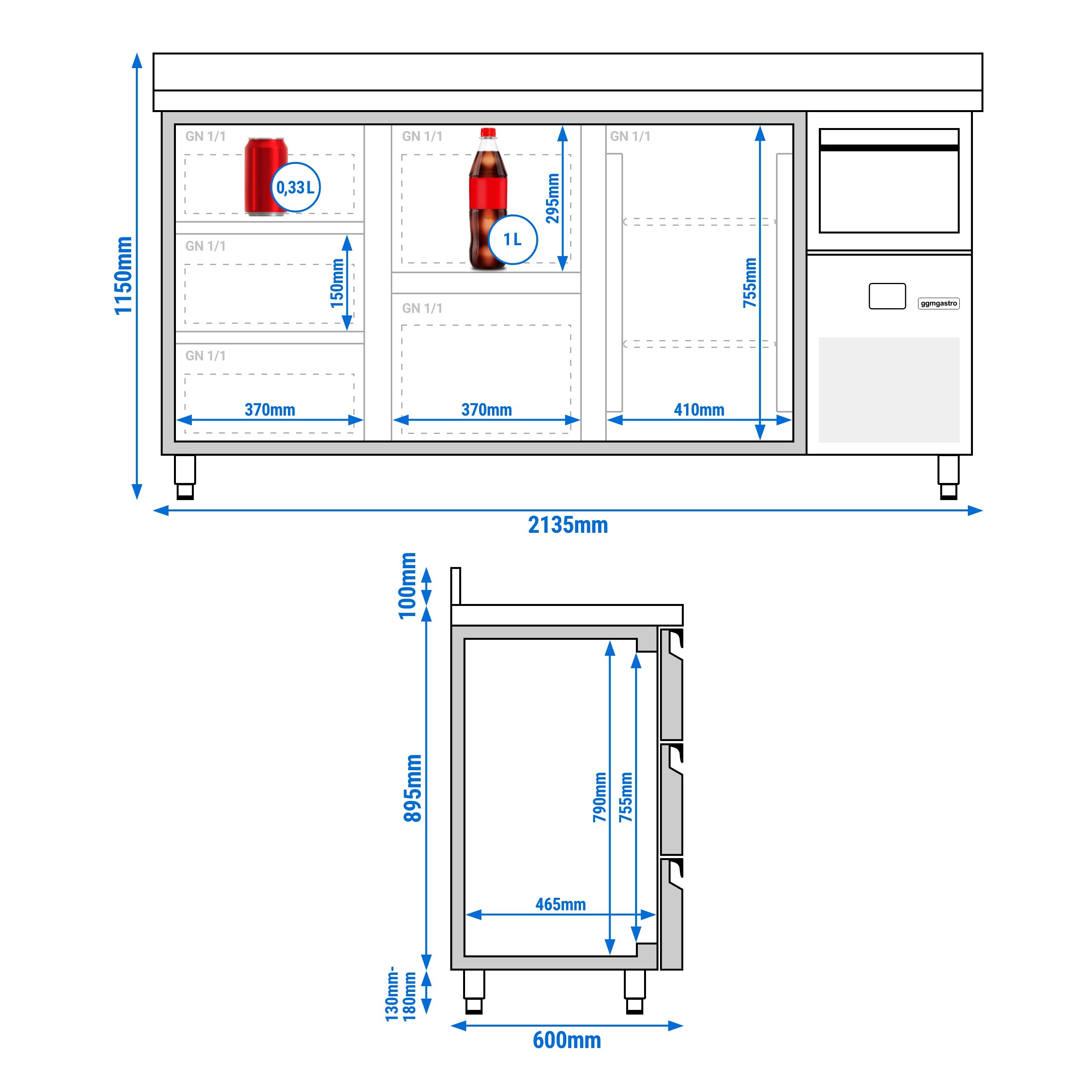 Arrière-bar réfrigéré professionnel PREMIUM - 2130 x 600 mm - avec 1 porte et 5 tiroirs - avec dosseret - avec tiroir à marc de café