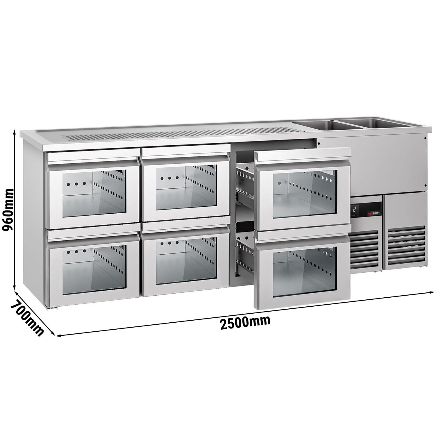 Comptoir de bar réfrigéré PREMIUM - 2500x700mm - 6 tiroirs en verre