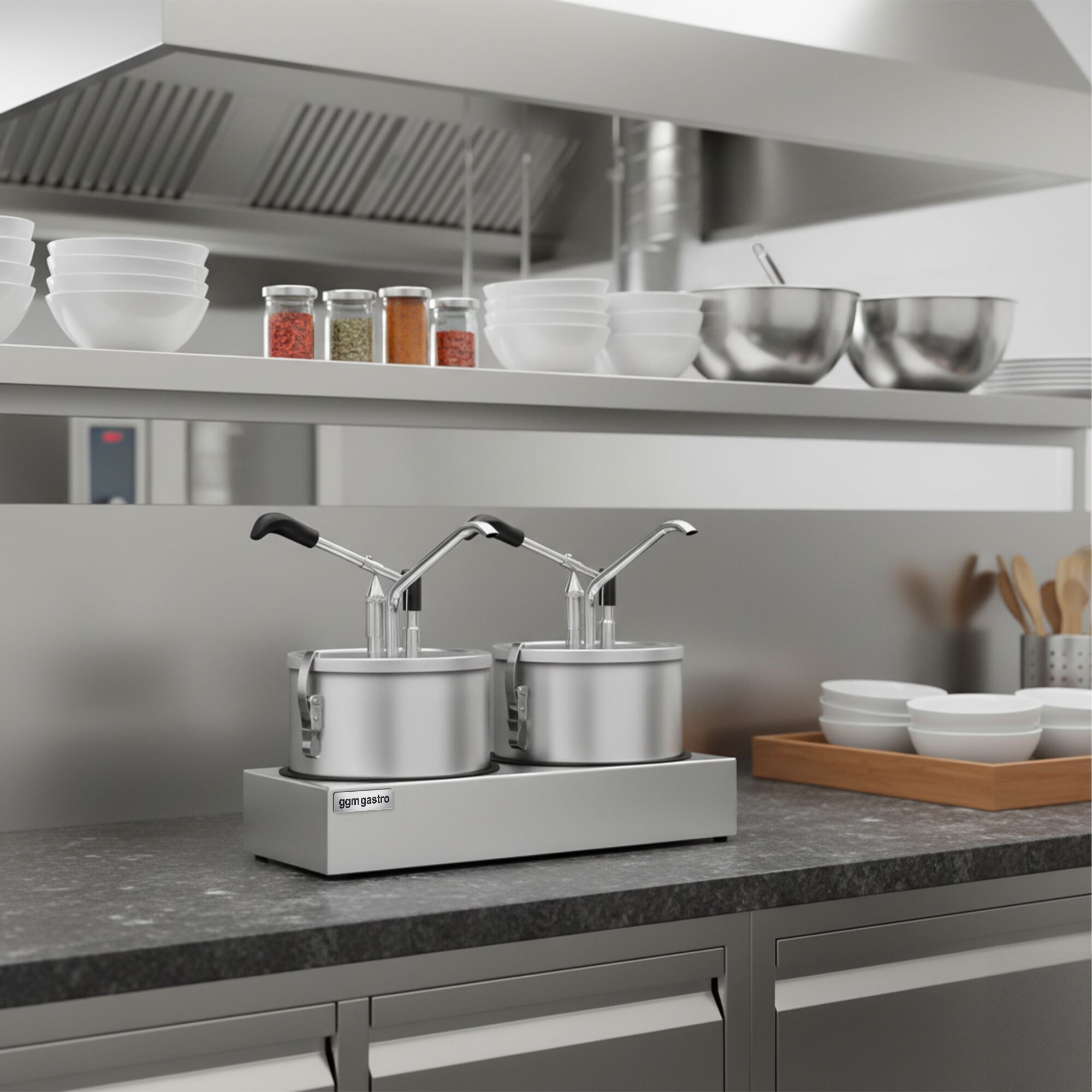 Commercial Condiment Dispenser - 2x4 litres - adjustable dose - with container - Stainless steel - 400x203x350mm - incl. stainless steel frame