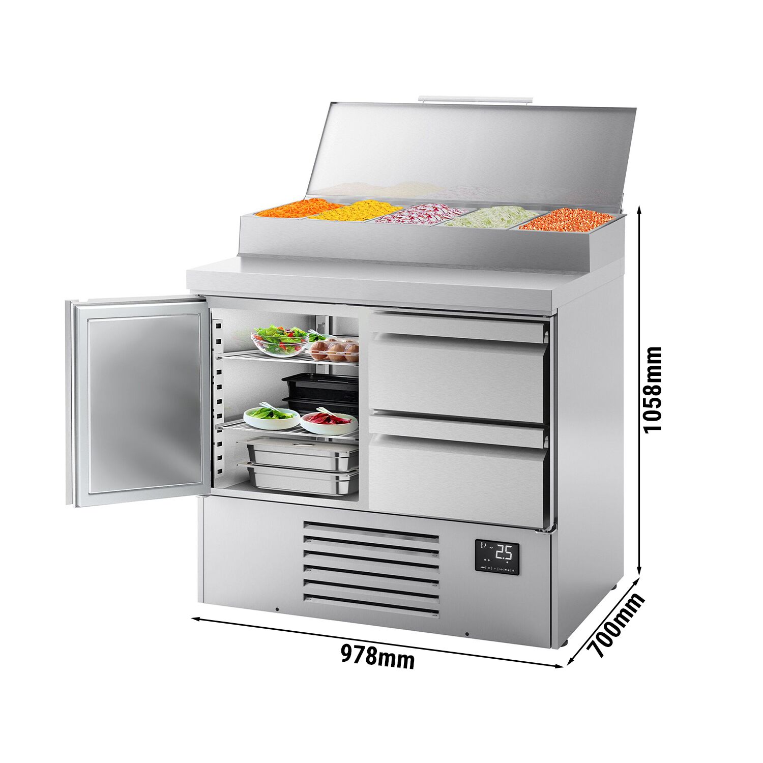 Table réfrigérée de préparation Mini - 978 x 700 mm - avec 1 porte et 2 tiroirs - avec superstructure en inox 5 x GN 1/4
