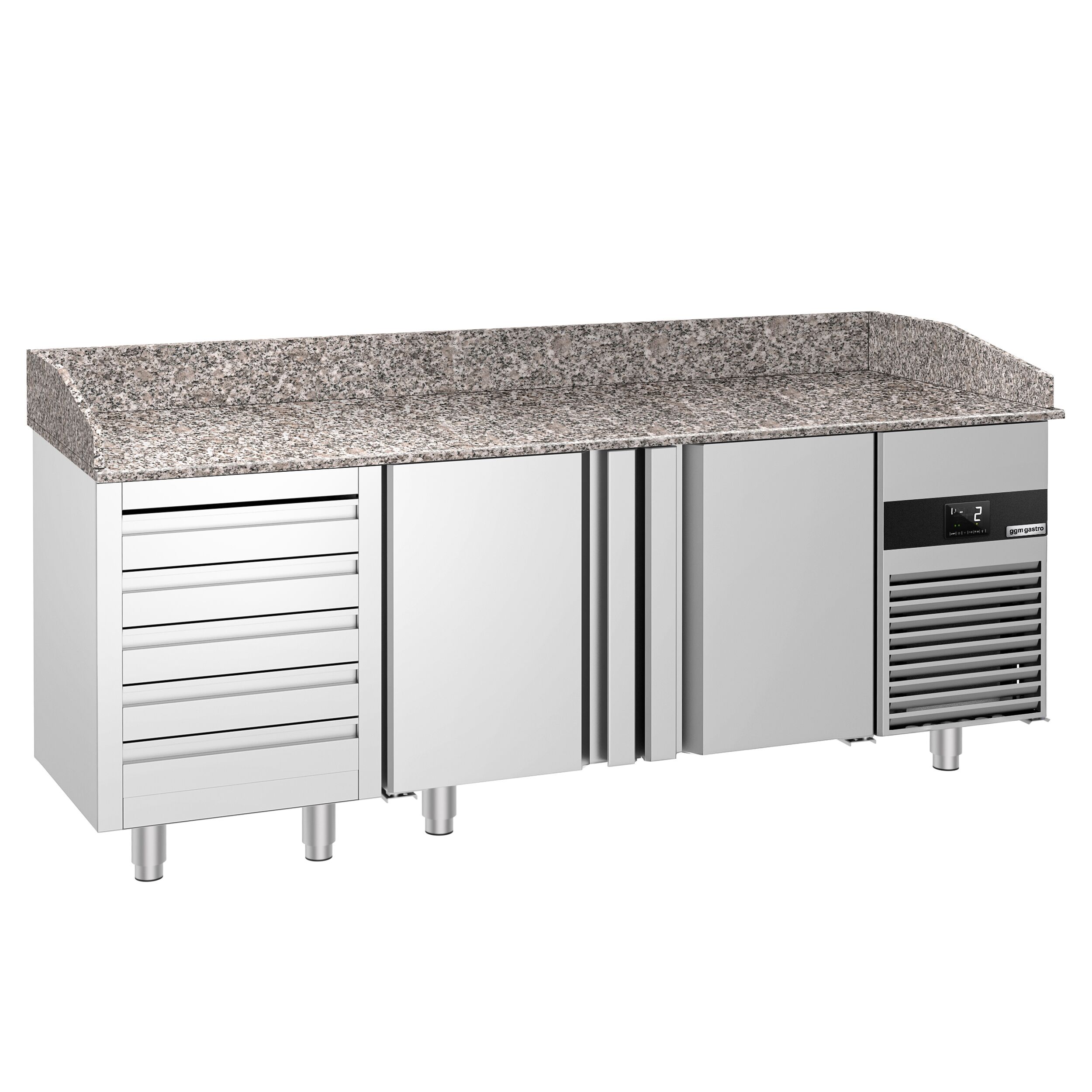 Commercial Pizza Prep Counter - Granite Top PREMIUM - 2100x800mm - with 2 doors & 5 drawers