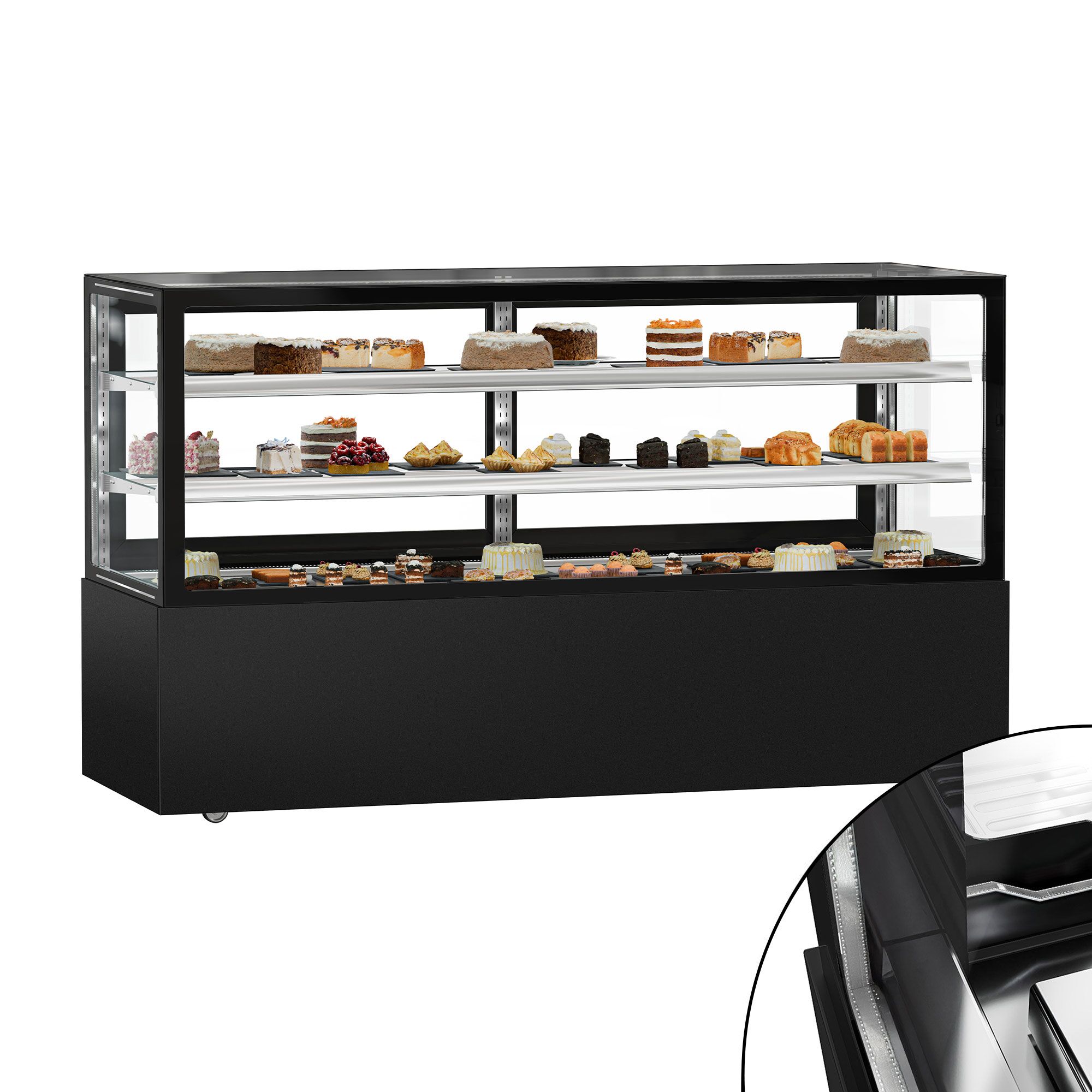 Vitrine à pâtisserie réfrigérée - 890L - 2000mm - Double vitrage - avec 2 étagères en verre - portes coulissantes arrière - Noir mat