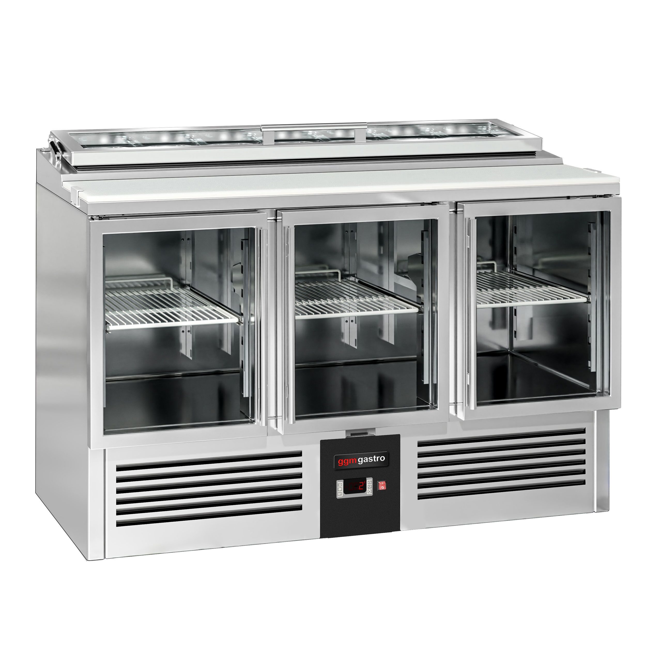 Saladette réfrigérée PREMIUM - 1365mm - 248L - 3 portes vitrées - pour 7x GN 1/3 & Couvercle verre
