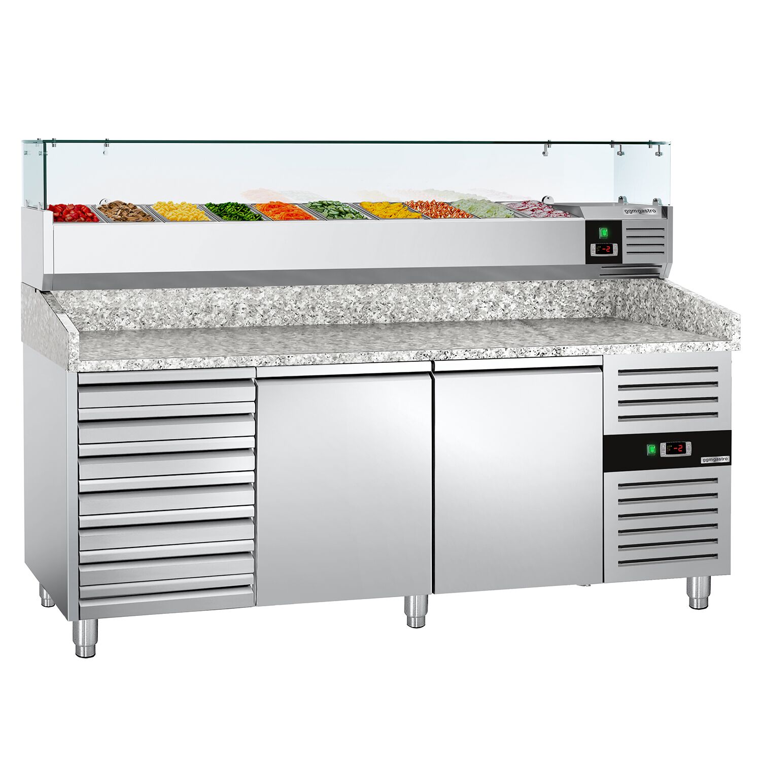 Table réfrigérée à pizza ECO - 2000 x 800 mm - avec 2 portes et 7 tiroirs - incl. vitrine réfrigérée - 9 x GN 1/3
