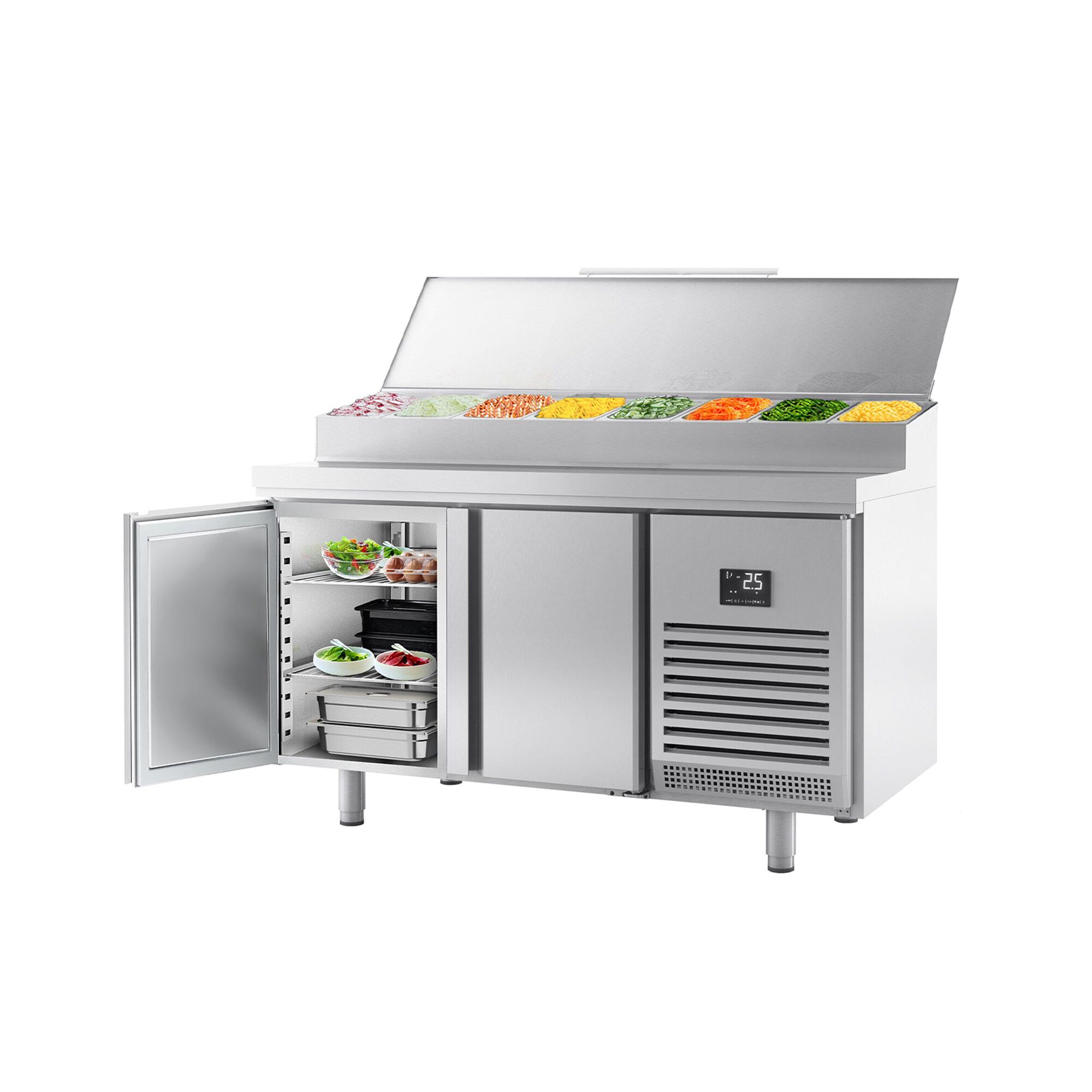 Table réfrigérée de préparation - 1468 x 700 mm - avec 2 portes - superstructure en inox 1x GN 1/2 & 6x GN 1/3