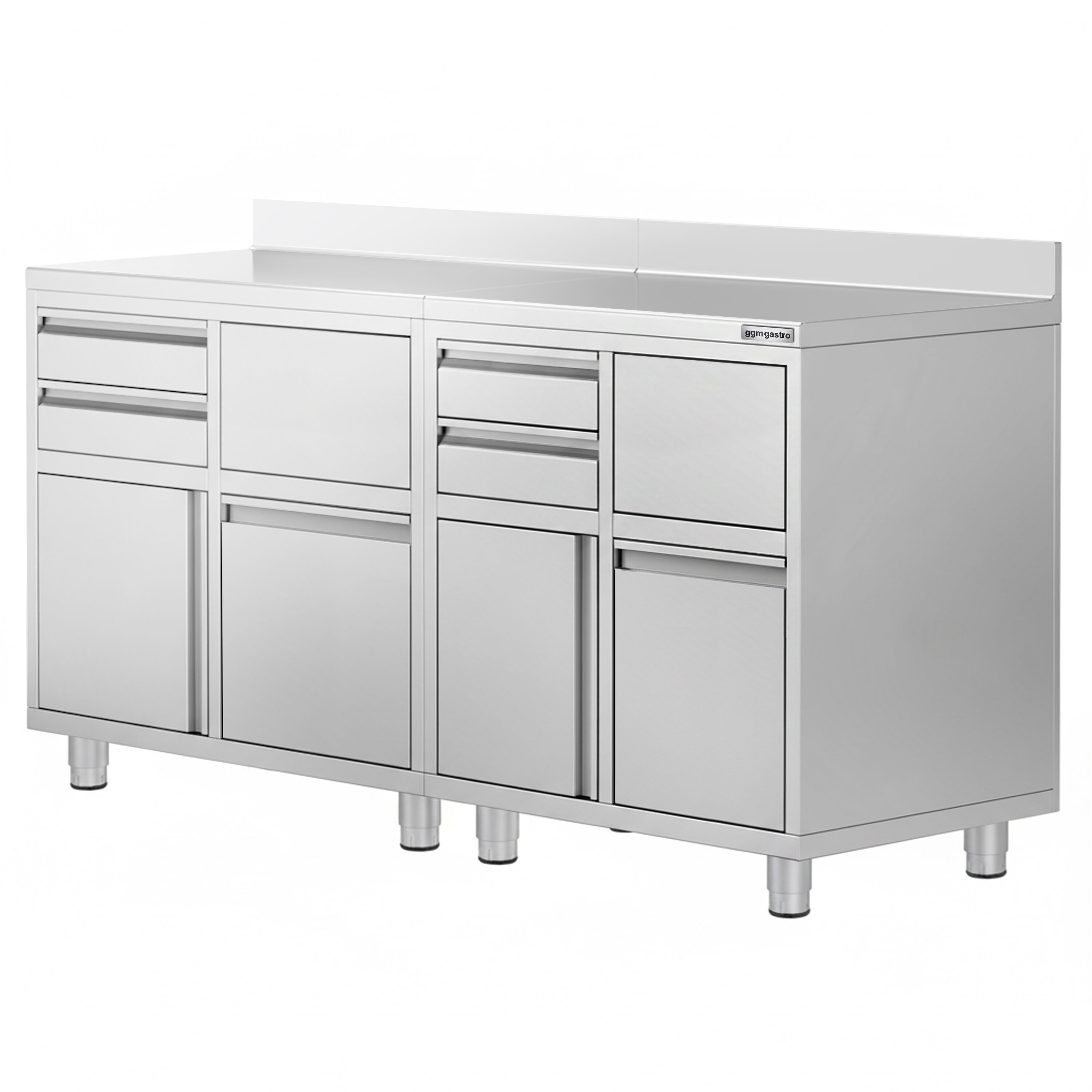Armoire de travail PREMIUM pour machine à café filtre - 1400x600mm - avec dosseret - 4 tiroirs, 2 portes battantes, 2 tiroirs à marc de café