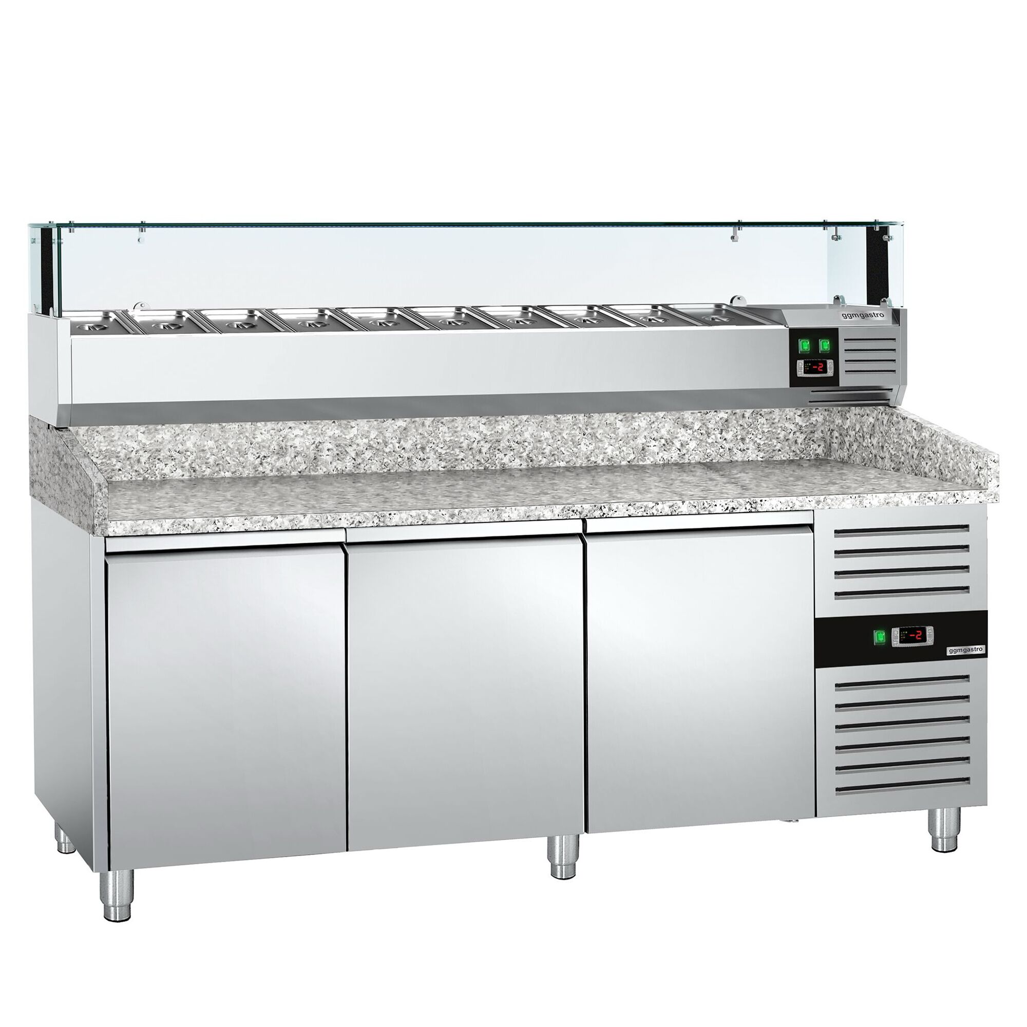 Table réfrigérée pour pizza PREMIUM - 2000 x 800 mm - avec 3 portes - incl. vitrine réfrigérée avec LED - 10 x GN 1/4