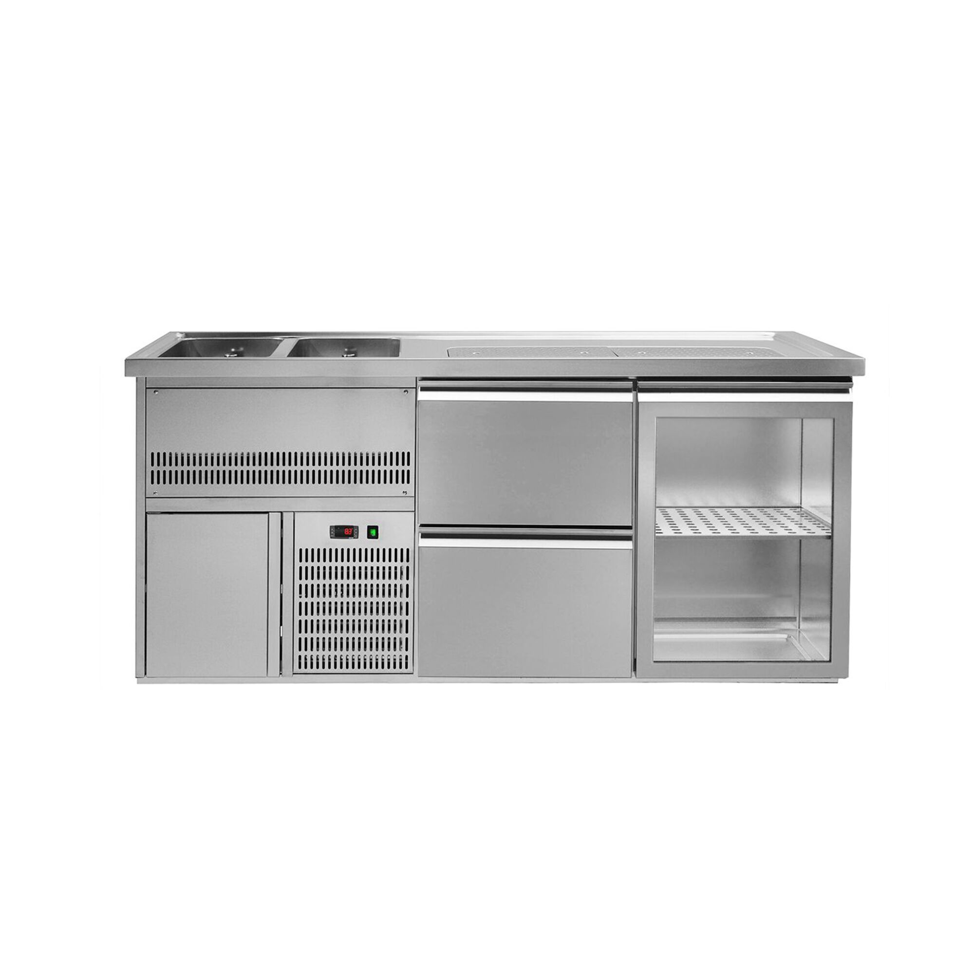 Comptoir à bière Premium PLUS – 1950 × 700 mm – 1 porte vitrée & 2 tiroirs