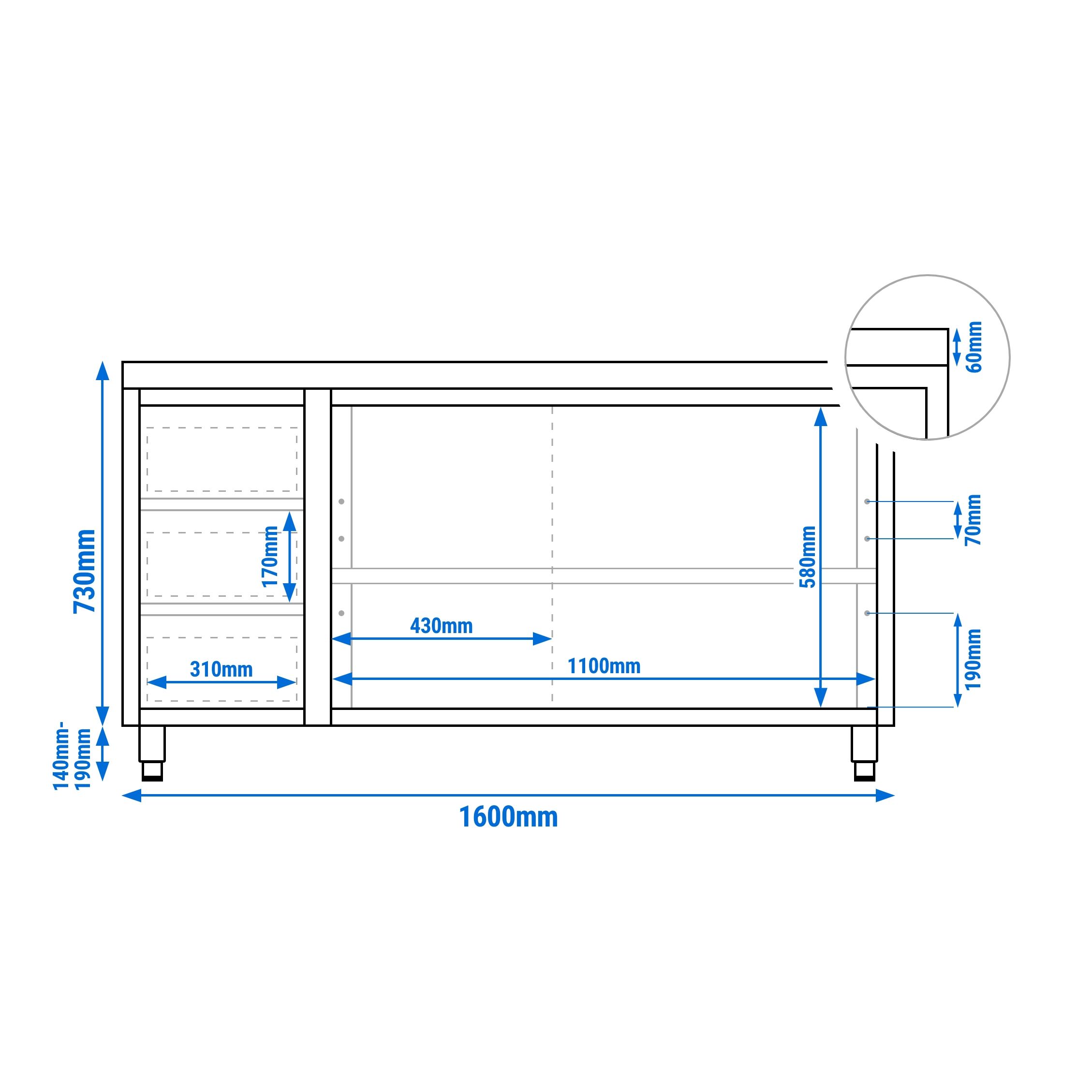 Table armoire en acier inoxydable PREMIUM - 1600x600mm - avec portes coulissantes et étagère basse - avec 3 tiroirs à gauche