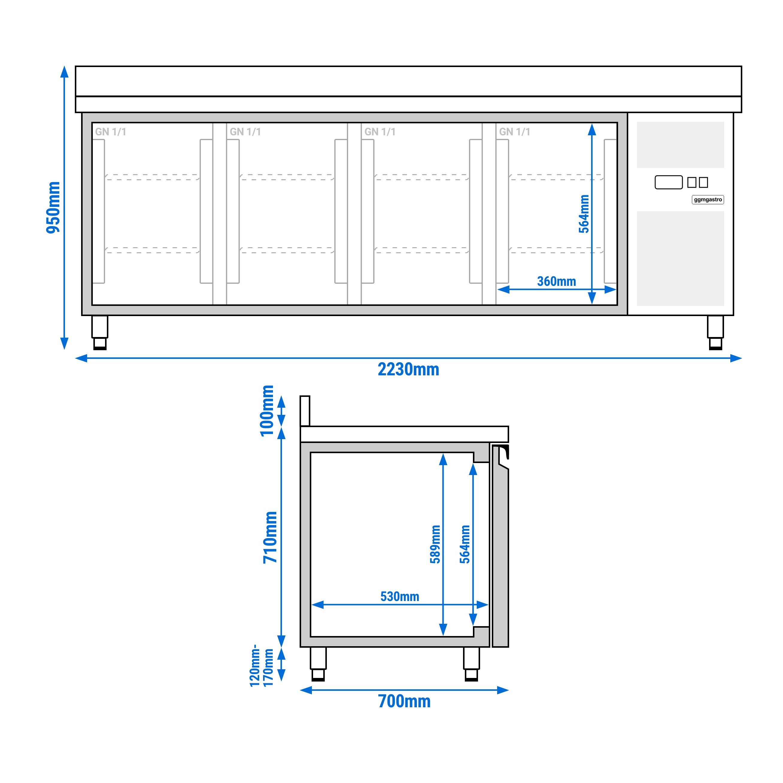 Table réfrigérée ECO - 2230 x 700 mm - avec 4 portes - avec dosseret