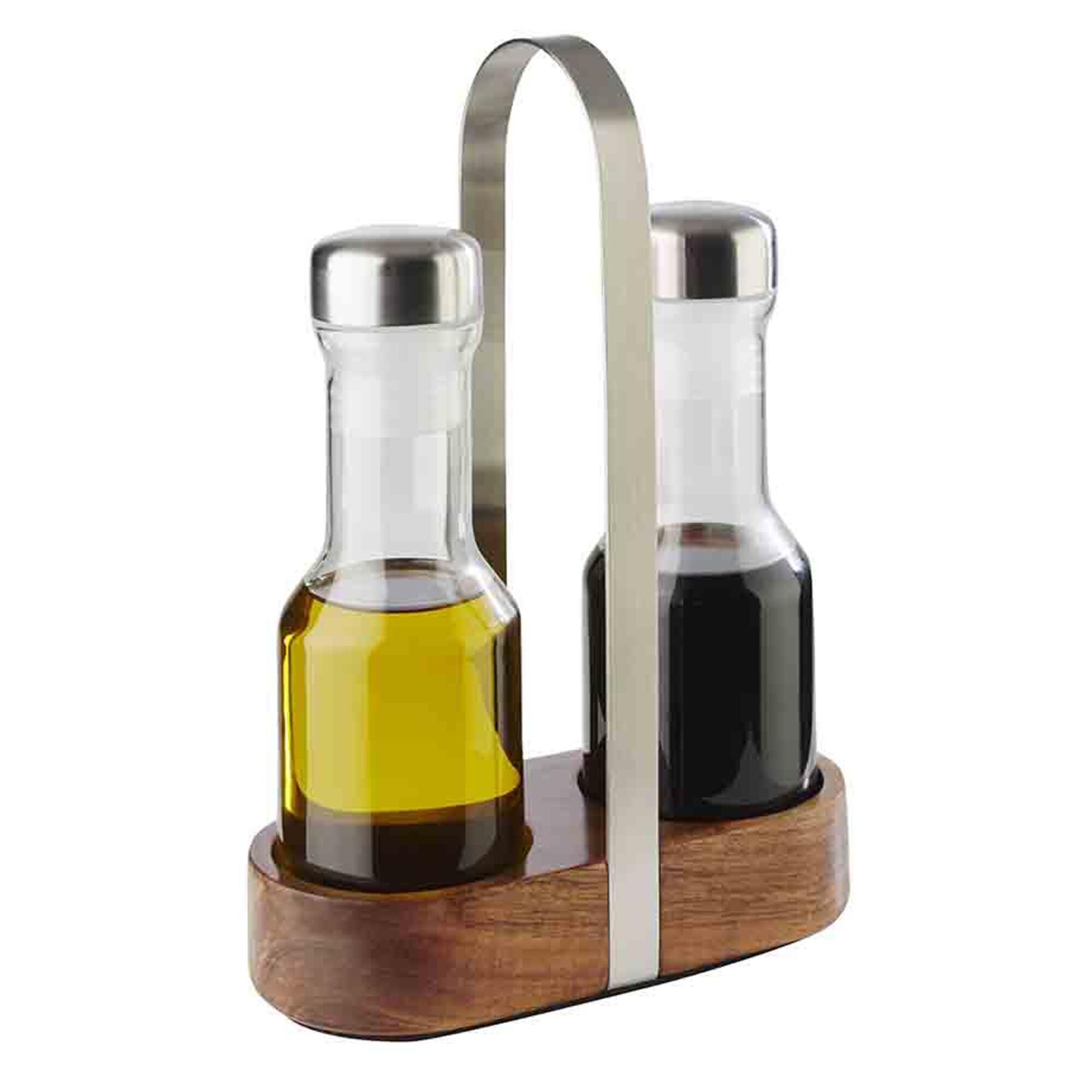 (6 st) Olja- och vinägerset - WOOD - 2-delars - i ställ - glas; lock i rostfritt stål - inkl. 2 olje- och vinägerflaskor