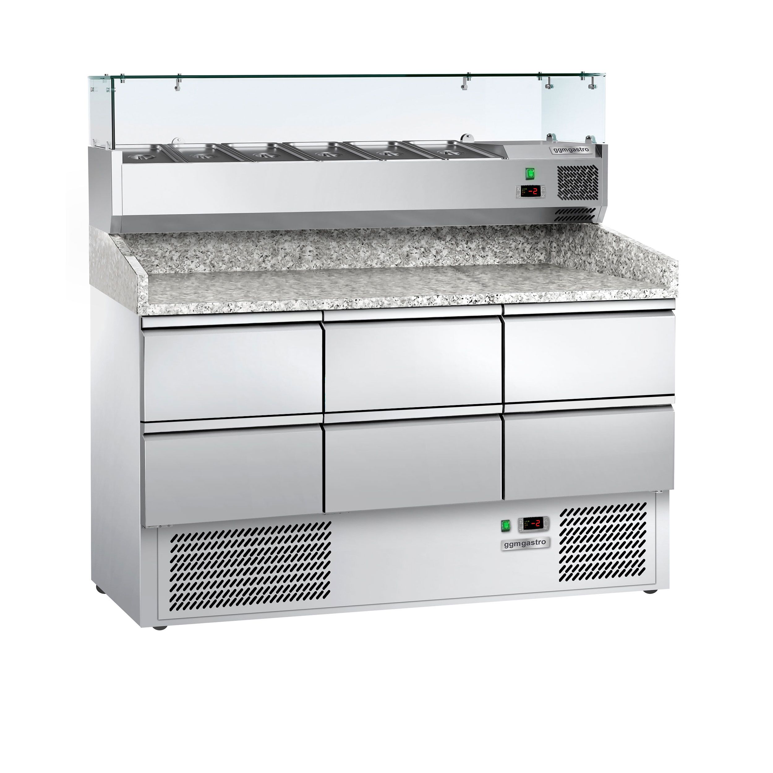 Table réfrigérée à pizza ECO - 1400 x 700 mm - avec 6 tiroirs 1/2 - incl. vitrine réfrigérée 6 x GN 1/4