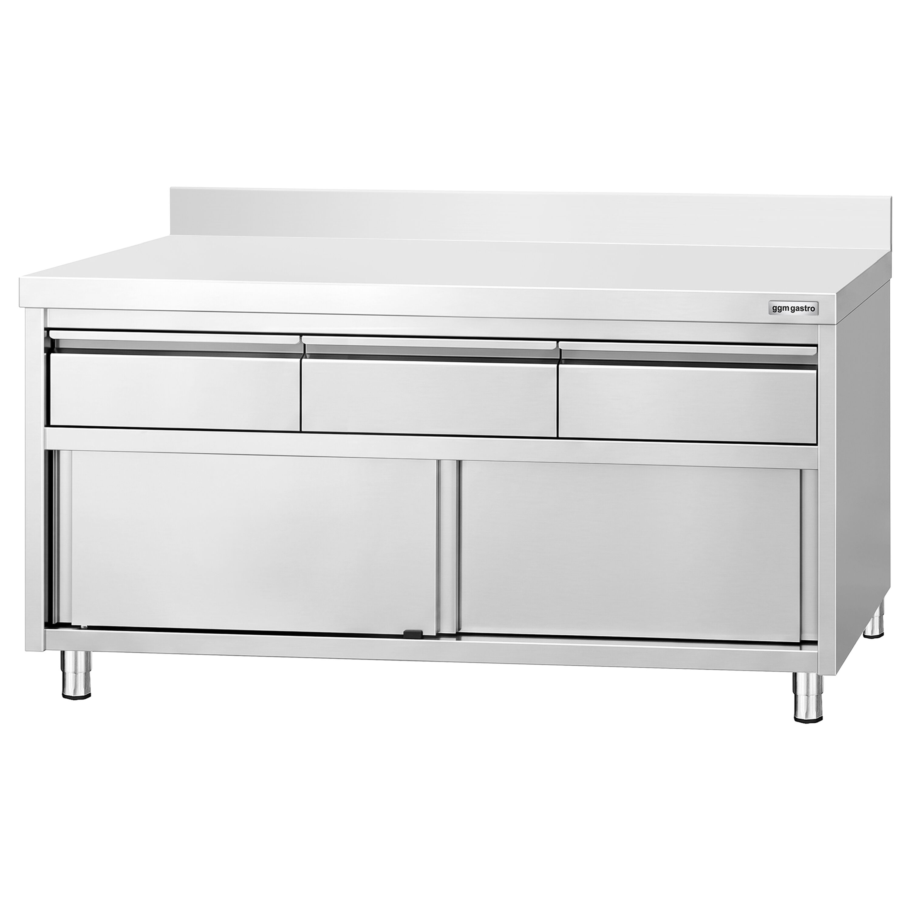 Armoire de travail en acier inoxydable PREMIUM - 1 600 x 600 mm - avec rebord - avec 3 tiroirs et une porte coulissante