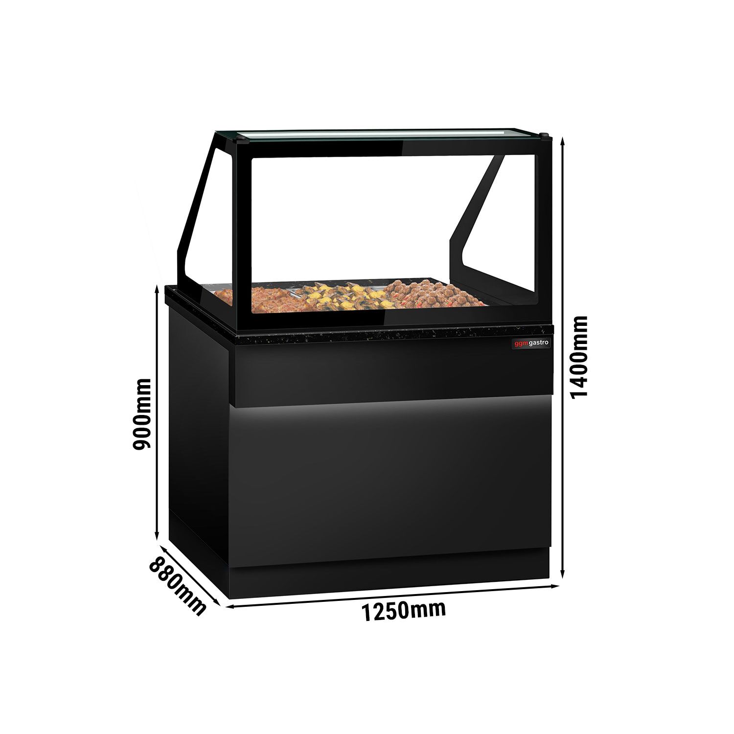 Vitrine chauffante TORONTO – 1250 mm – façade noire – pour 3 × GN 1/1 – plan de travail en granit noir
