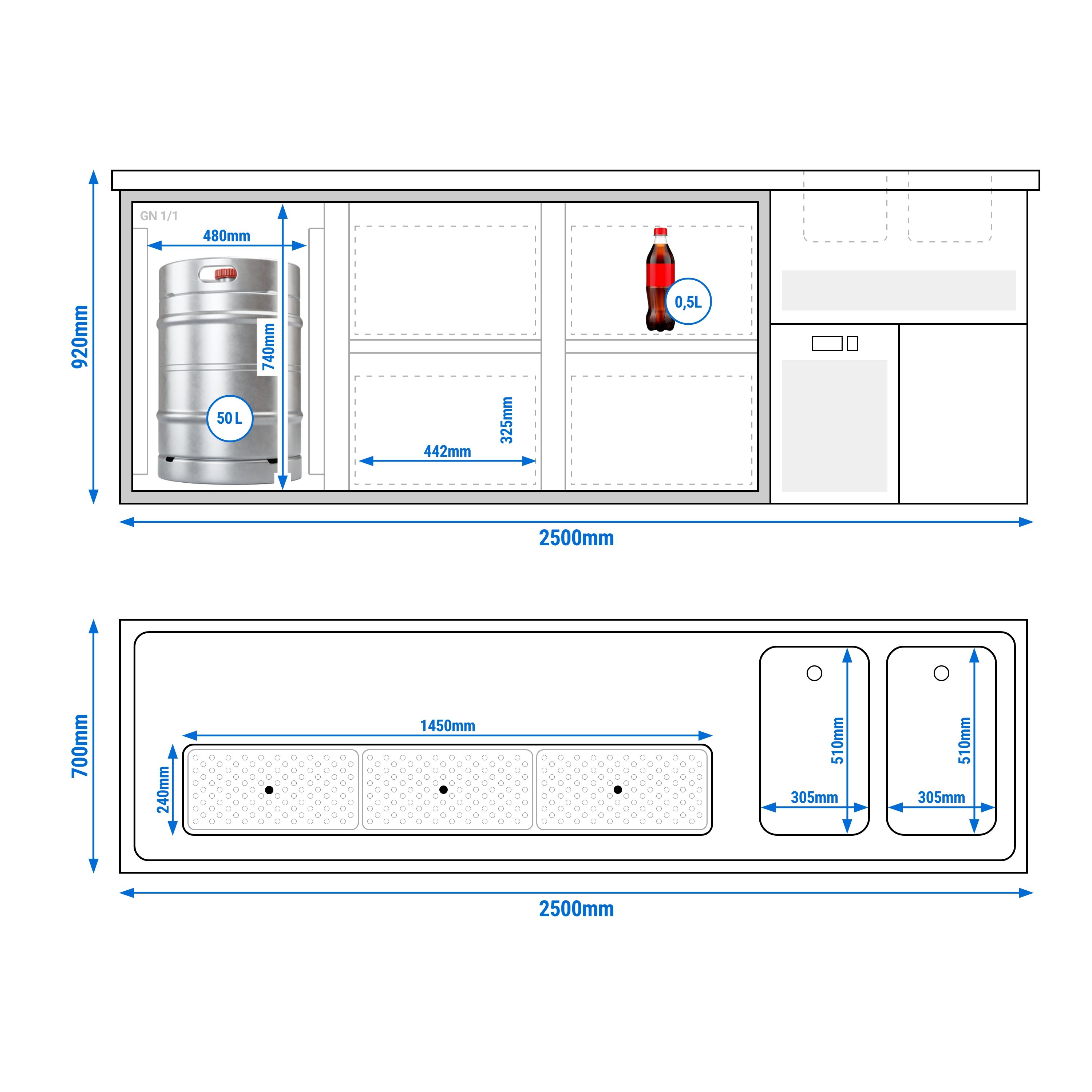 Comptoir de bar réfrigéré Premium PLUS - 2500x700mm - 1 porte & 4 tiroirs