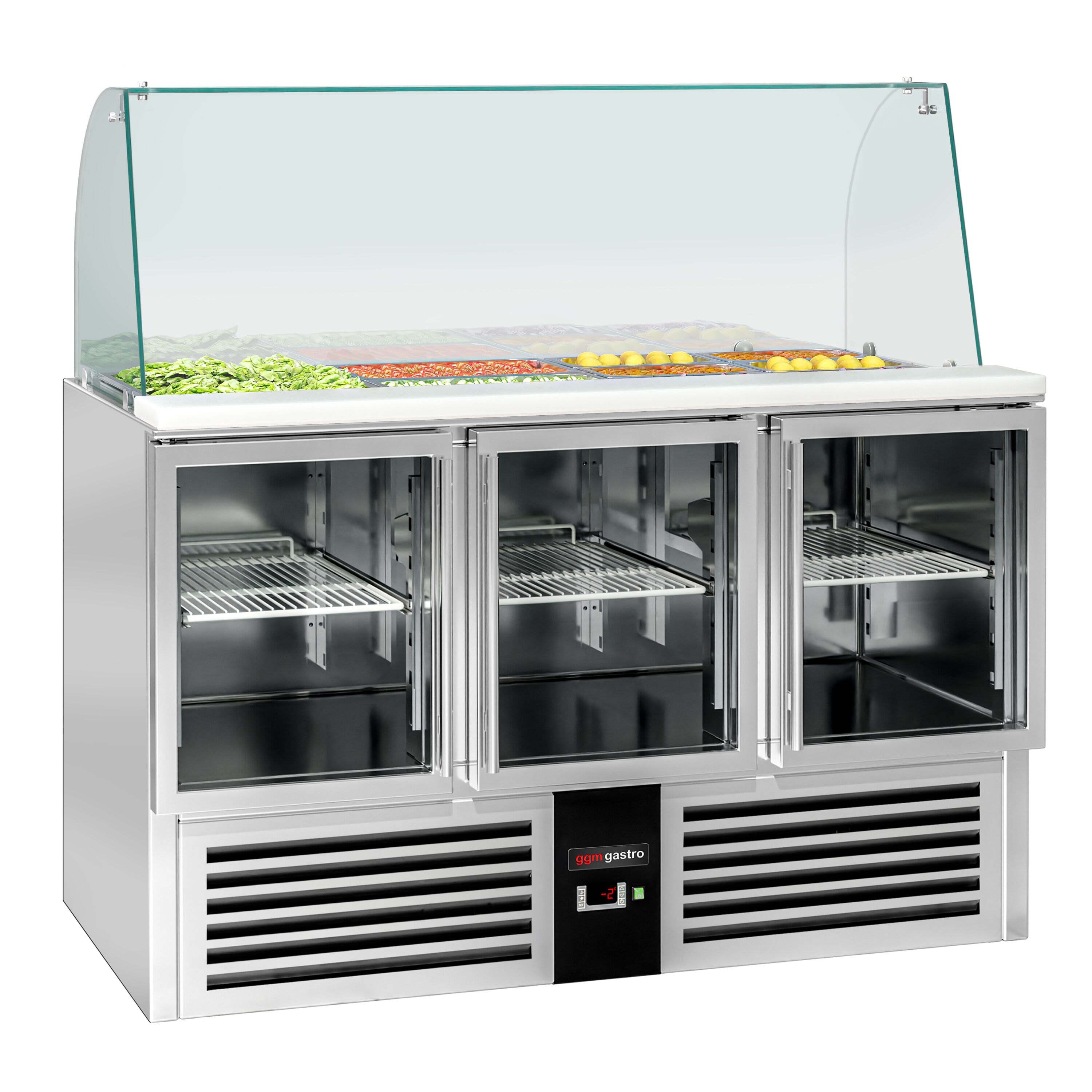 Saladette réfrigérée PREMIUM - 1368mm - 288L - 3 portes vitrées - avec vitrine de comptoir pour 4x GN 1/1