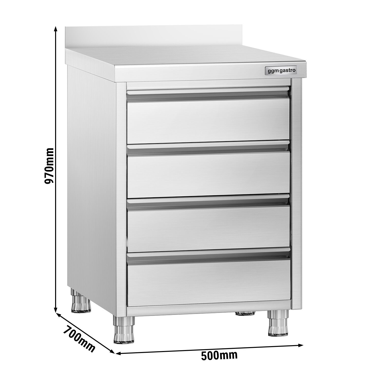 Meuble bas à tiroirs PREMIUM - Acier inoxydable - avec 4 tiroirs & dosseret 100mm - 500x700mm