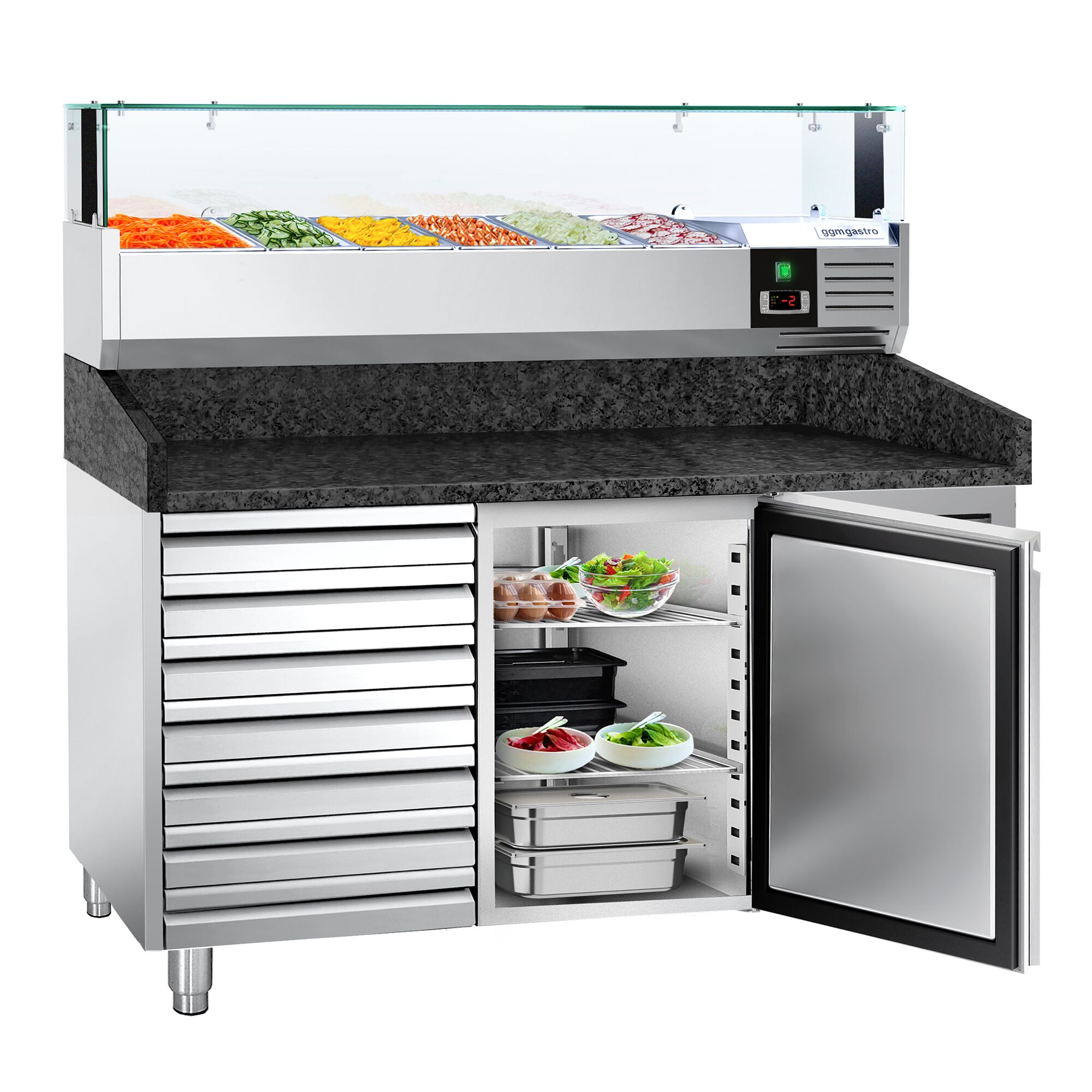 Table réfrigérée à pizza PREMIUM - 1500x800 mm - avec 1 porte & 7 tiroirs - incl. vitrine réfrigérée LED - 5x GN 1/3 + 1x GN 1/2