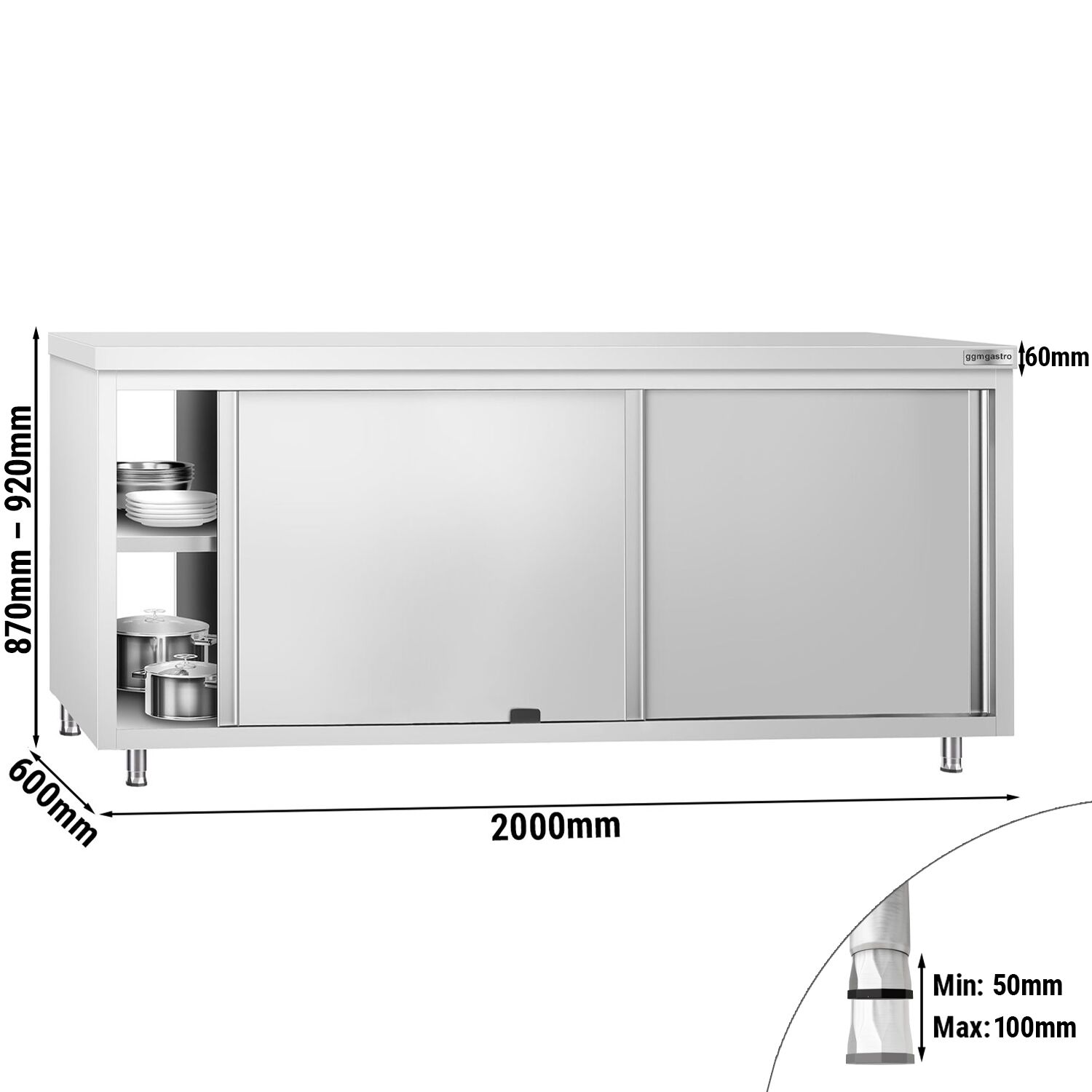 Table armoire en acier inoxydable PREMIUM - 2000x600mm - avec portes coulissantes et passe-plats