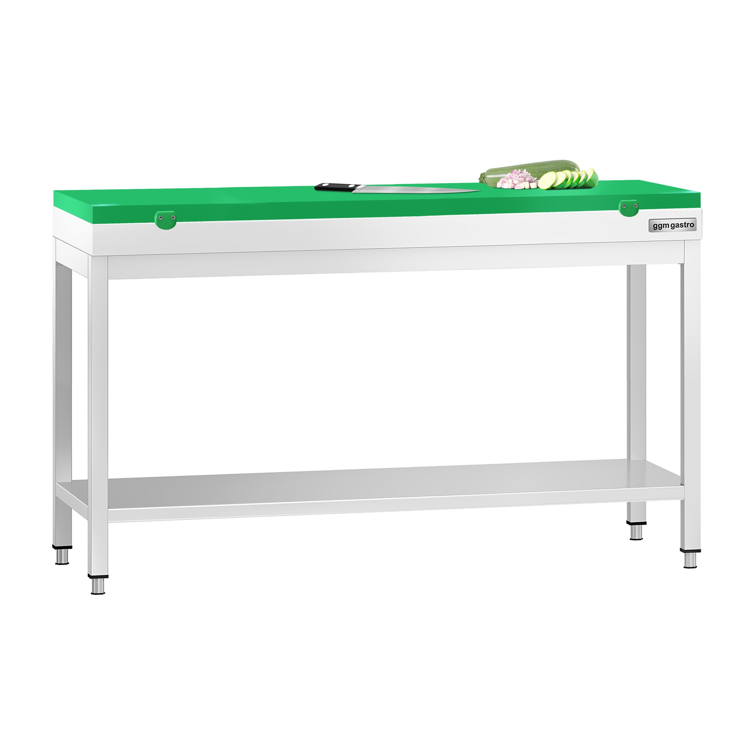 Table de travail inox PREMIUM - 1500 x 800 mm - avec tablette inférieure - incl. Planche à découper Verte